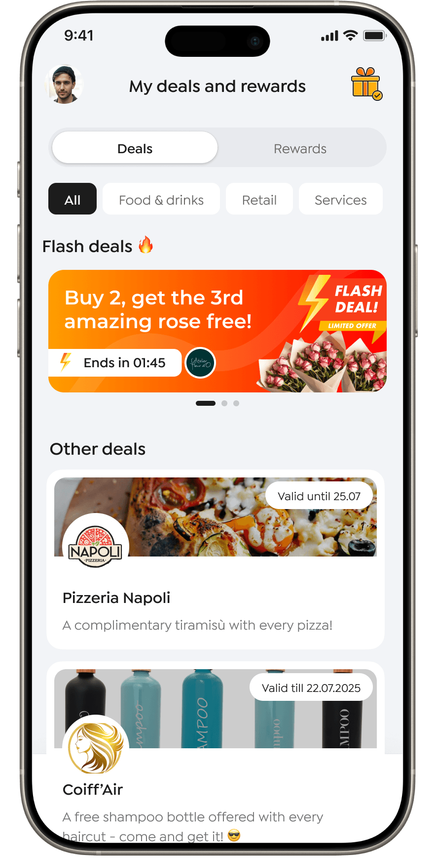 Mobile app screen showing PimPay coupon offers with 10% discount at Napoli Pizzeria