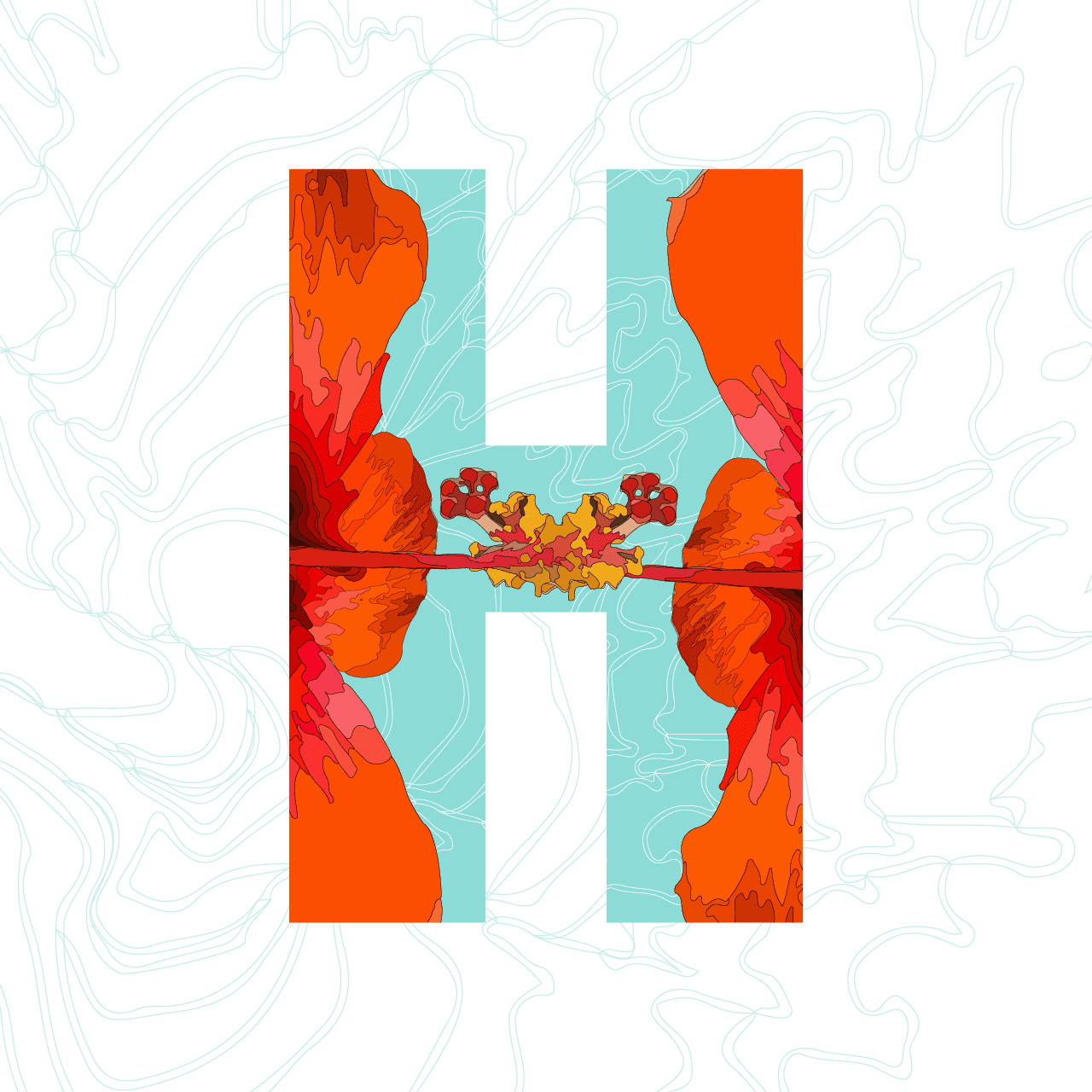 Letter H filled with detailed orange hibiscus flower illustration on light blue background