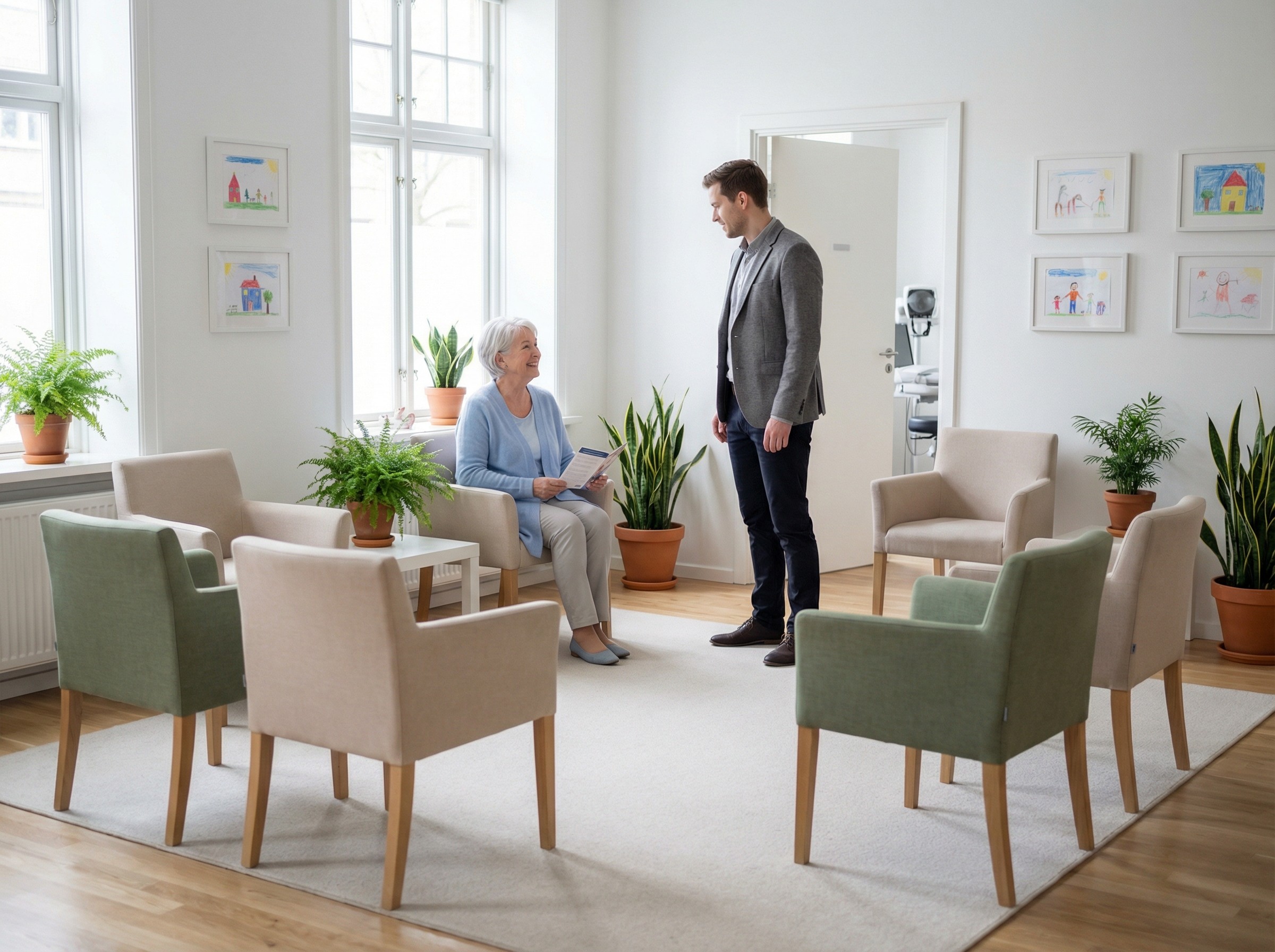 Ein ruhiger Wartebereich mit hellen Stühlen und Pflanzen. Eine ältere Frau blättert in einer Broschüre, ein junger Mann schaut zum geöffneten Behandlungsraum, wo eine Tür sich leise bewegt. Kinderzeichnungen hängen an der Wand. Es wirkt geordnet, freundlich und klar strukturiert.