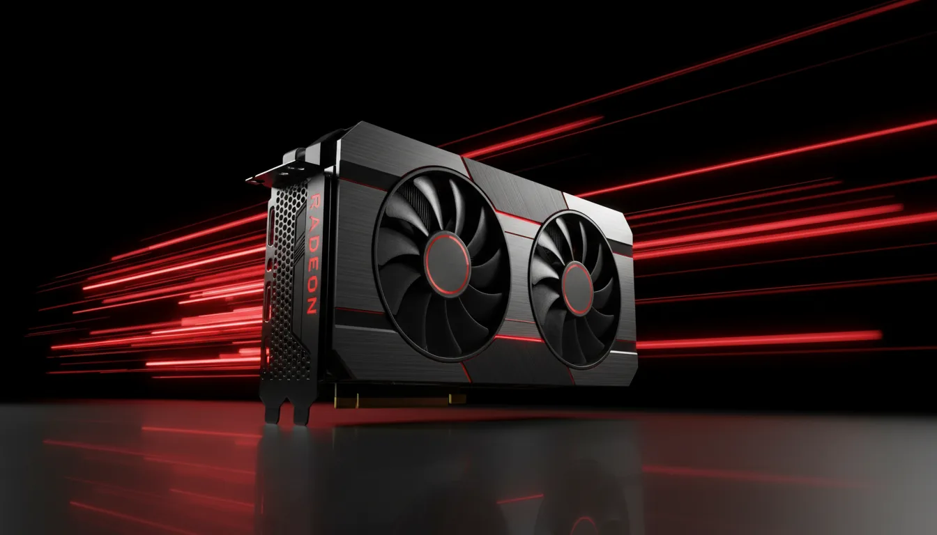 Cinematic 3D product render of a modern, high-end dual-fan Radeon GPU, captured from a dynamic low-angle perspective. The graphics card features a sleek, angular shroud made of matte black plastic and dark brushed metal materials. The scene is set against a dark studio backdrop, dramatically lit with high-contrast lighting that creates deep shadows and sharp highlights. Vibrant red horizontal light streaks fill the background, creating a powerful long-exposure motion blur effect that conveys immense speed.