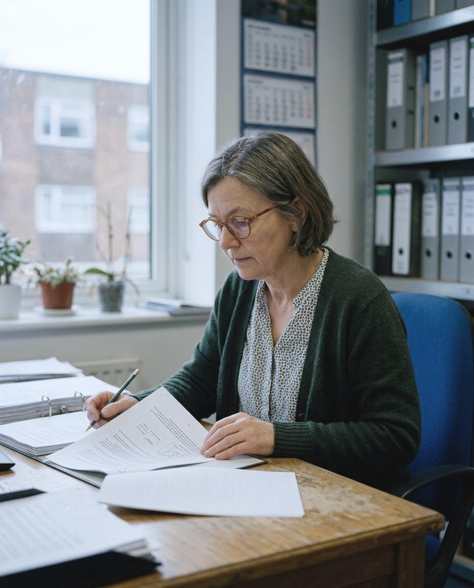 Marit Selwade at her desk reading a printed report, with box files on the shelf behind her.