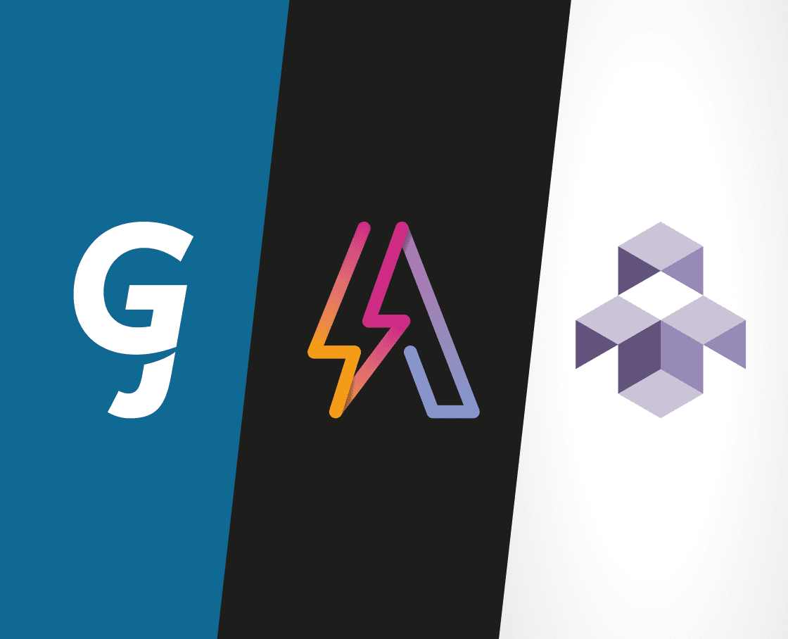 Dynamic diagonal collage of three distinct logo marks, including monogram and geometric designs, set against blue, black, and white backgrounds.