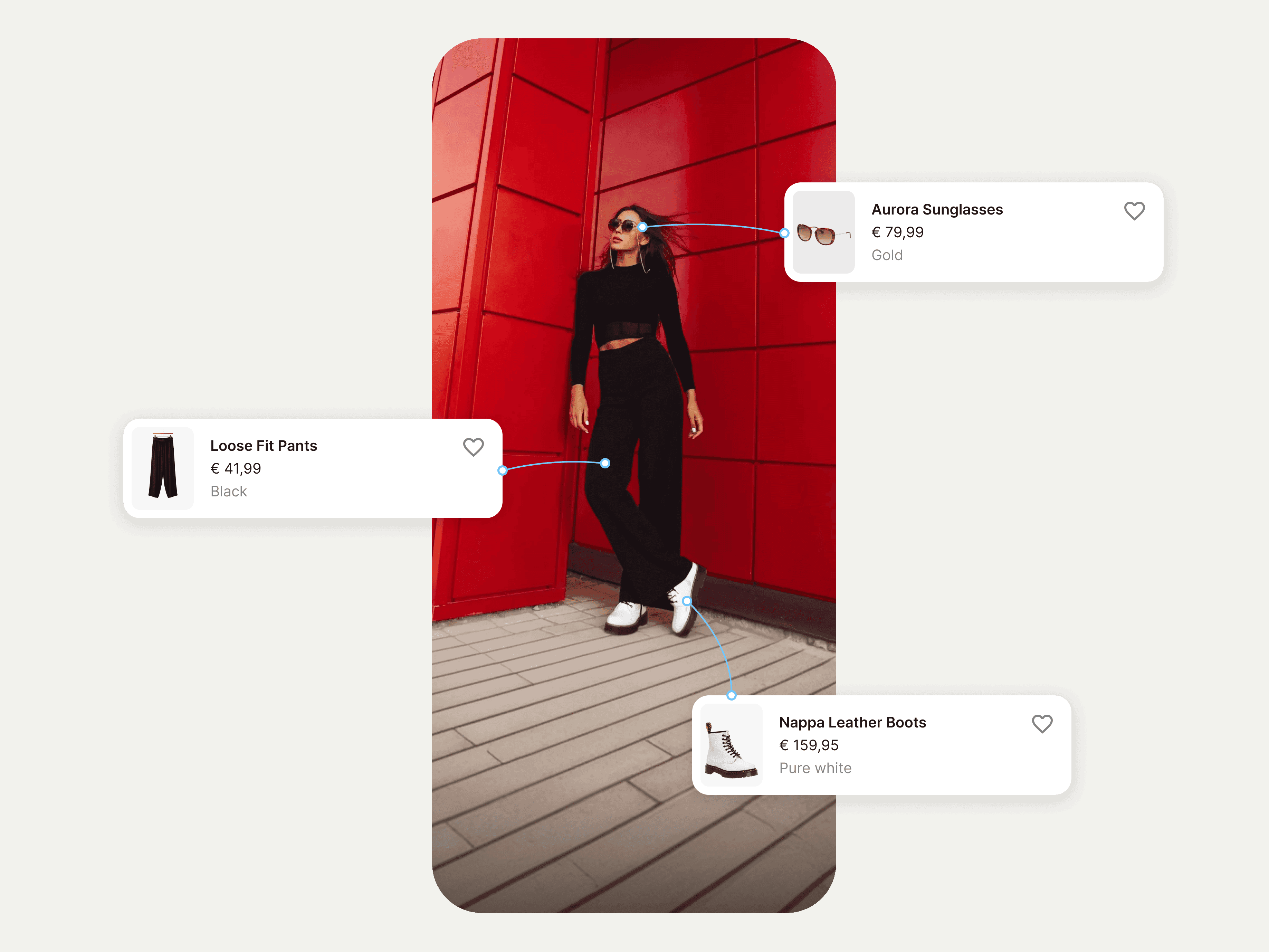 Mobile app mage of a model with some products connected with a 'noodle'