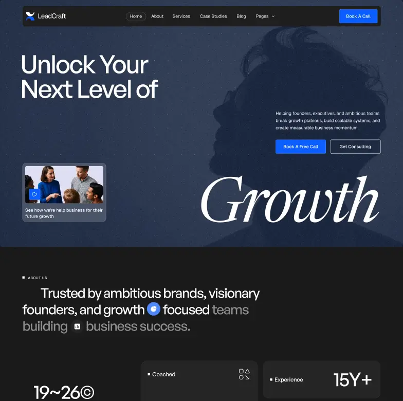 LeadCraft homepage showing a call-to-action for growth and trusted by ambitious brands and visionary founders.