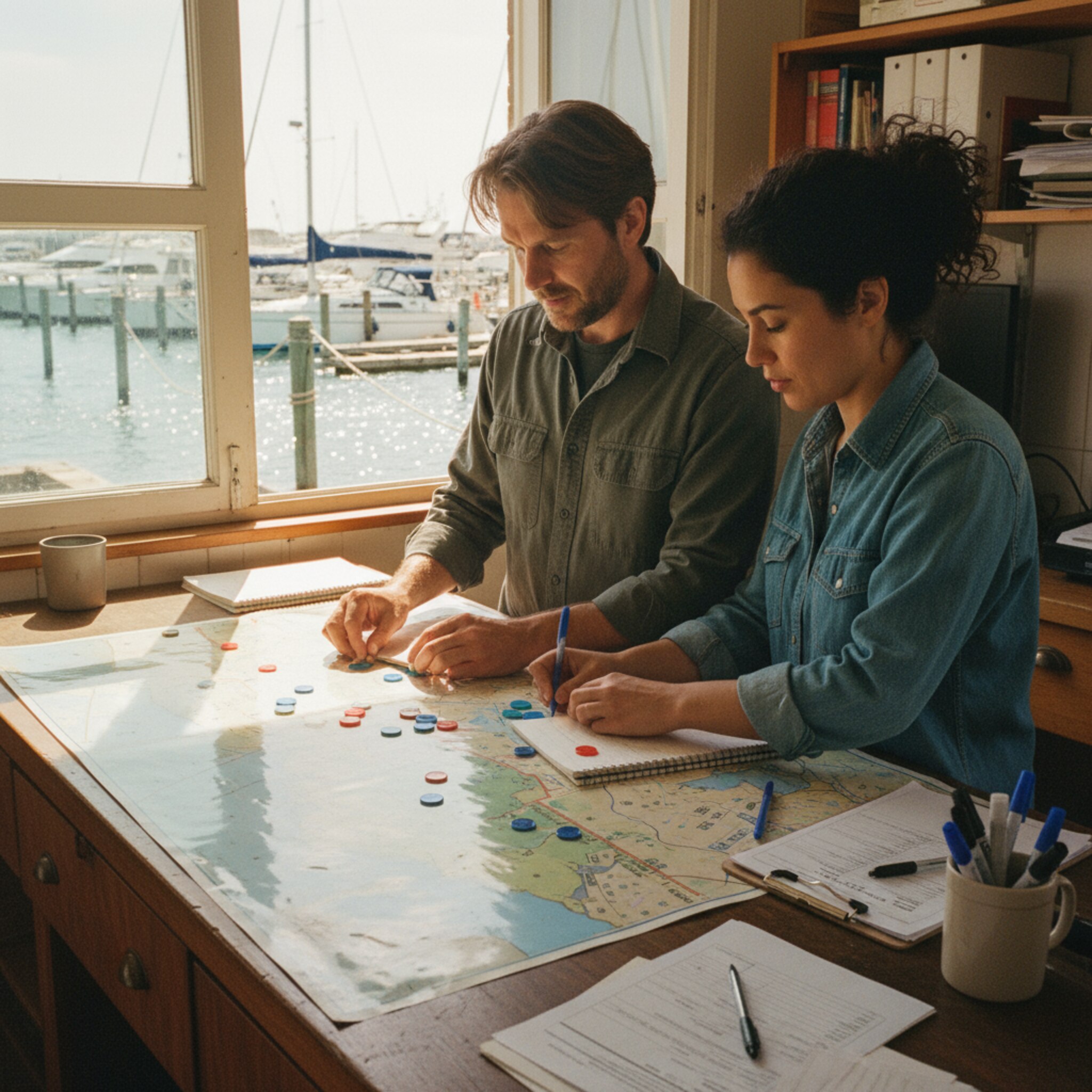 Im Büro liegt eine große, laminierte Marina-Karte auf dem Holztresen. Zwei Teammitglieder markieren Liegeplätze mit kleinen farbigen Magneten und vergleichen Notizen zu Wartungsfenstern. Durch das offene Fenster sieht man Boote am Steg, die Leinen bewegen sich leicht im Wind. Draußen glitzert das Wasser.