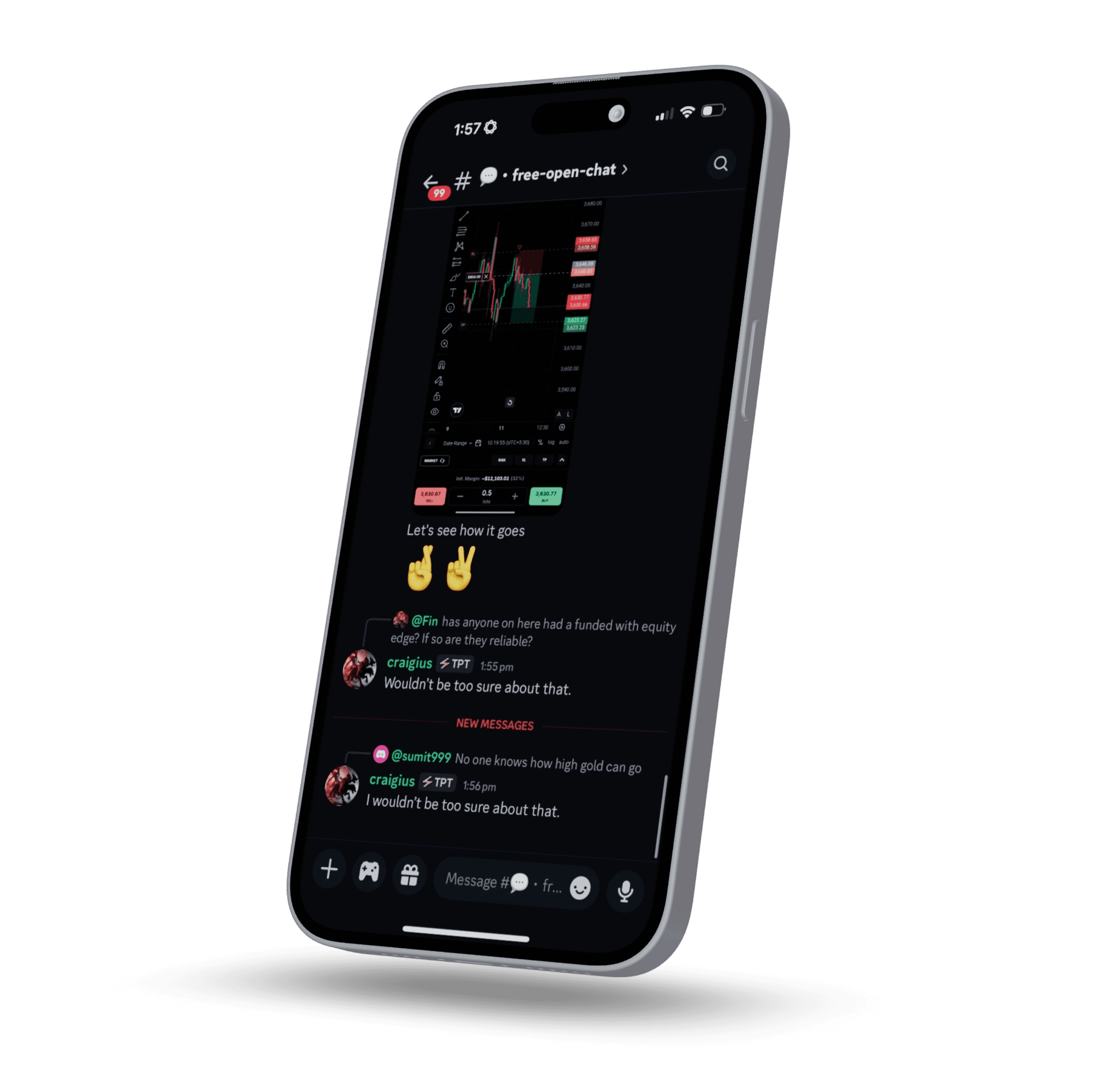 Mobile view of Evo X Discord free open chat showing live chart screenshot and member discussions about gold and equity funding