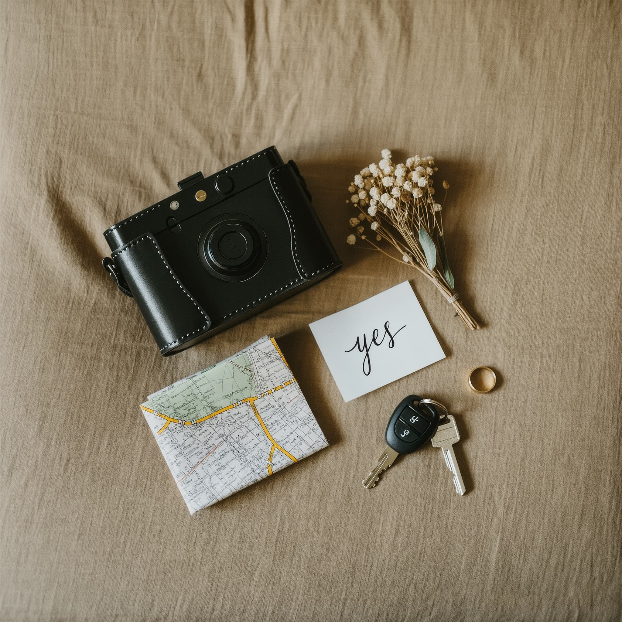 lopement flat lay – film camera, map, car keys, wedding rings and yes card on neutral background