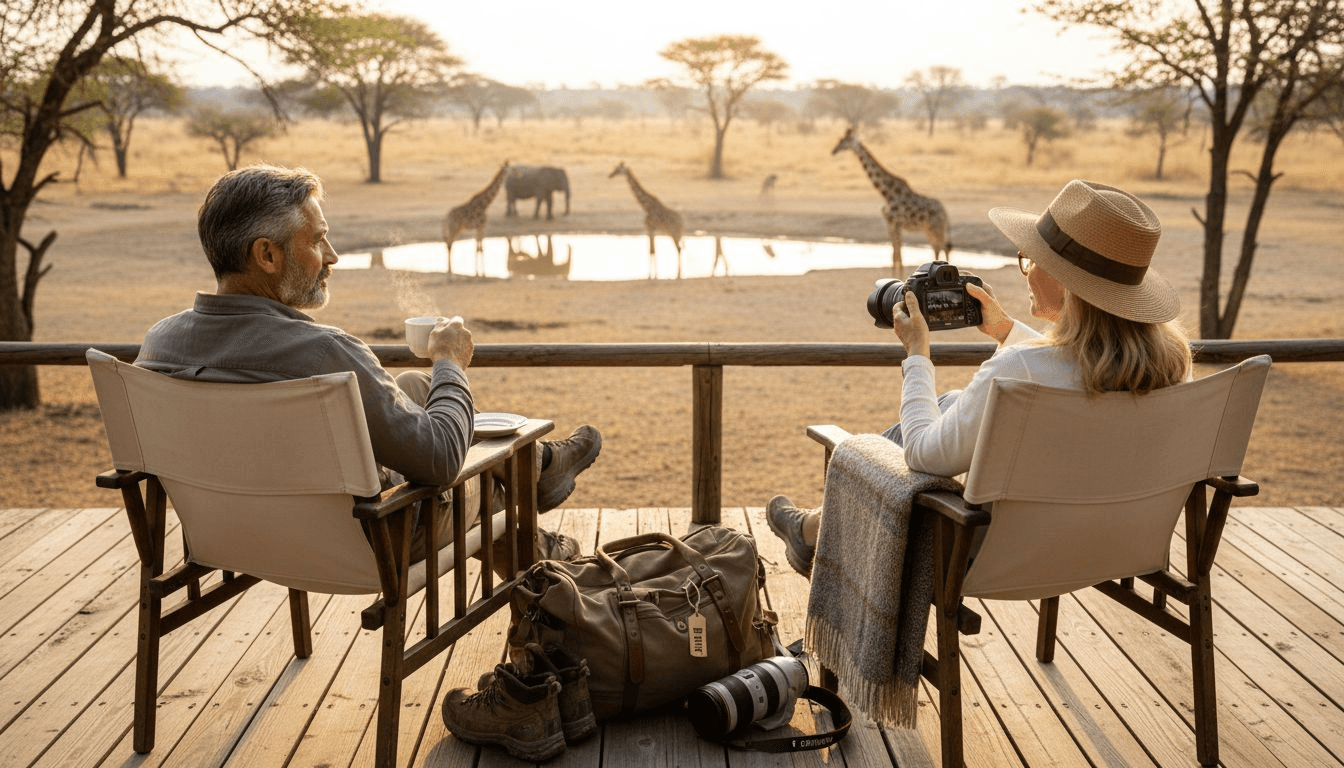 Huéspedes relajándose en la terraza de una exclusiva tienda safari