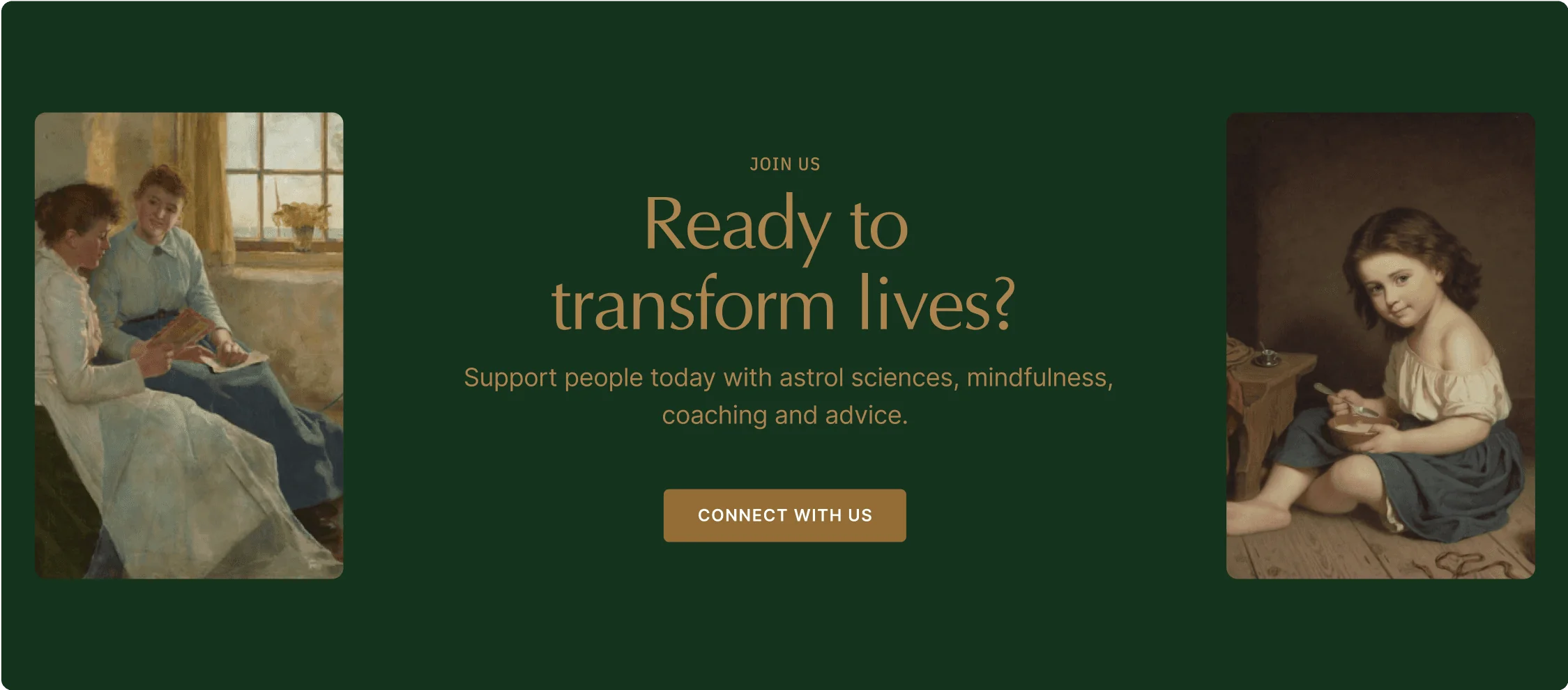 A promotional image featuring a dark green background with text asking, "Ready to transform lives?" and two illustrations.