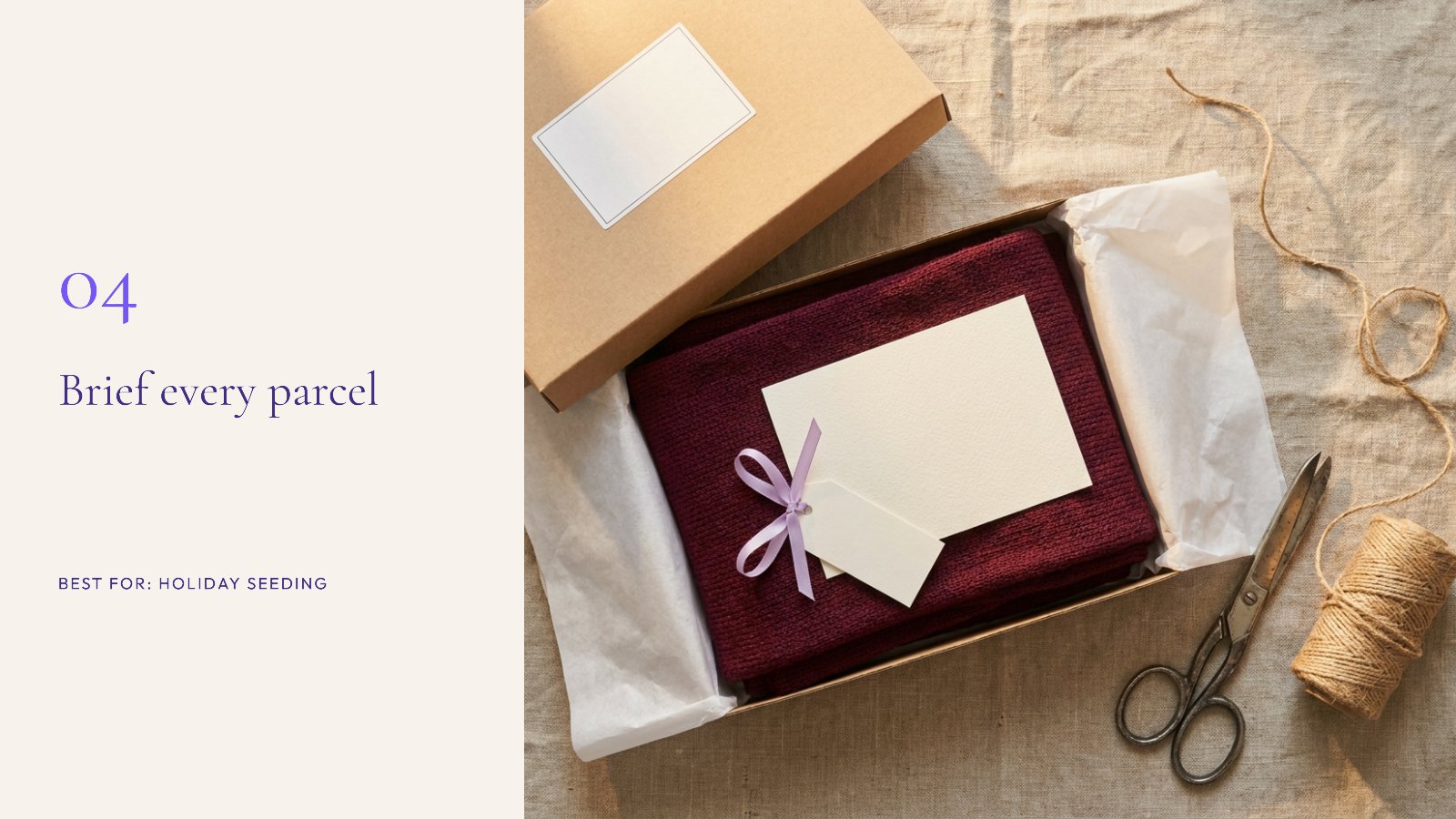 A packed gift parcel with a burgundy knit scarf, a blank brief card and a gift tag with lilac ribbon