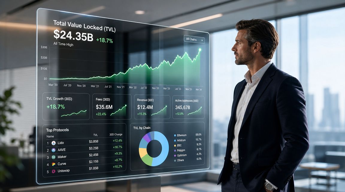A businessman in a suit looks at a digital transparent dashboard showing financial data and market trends.