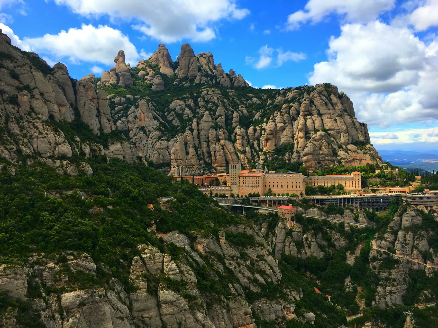 Montserrat’s jagged peaks above the monastery on the mountainside