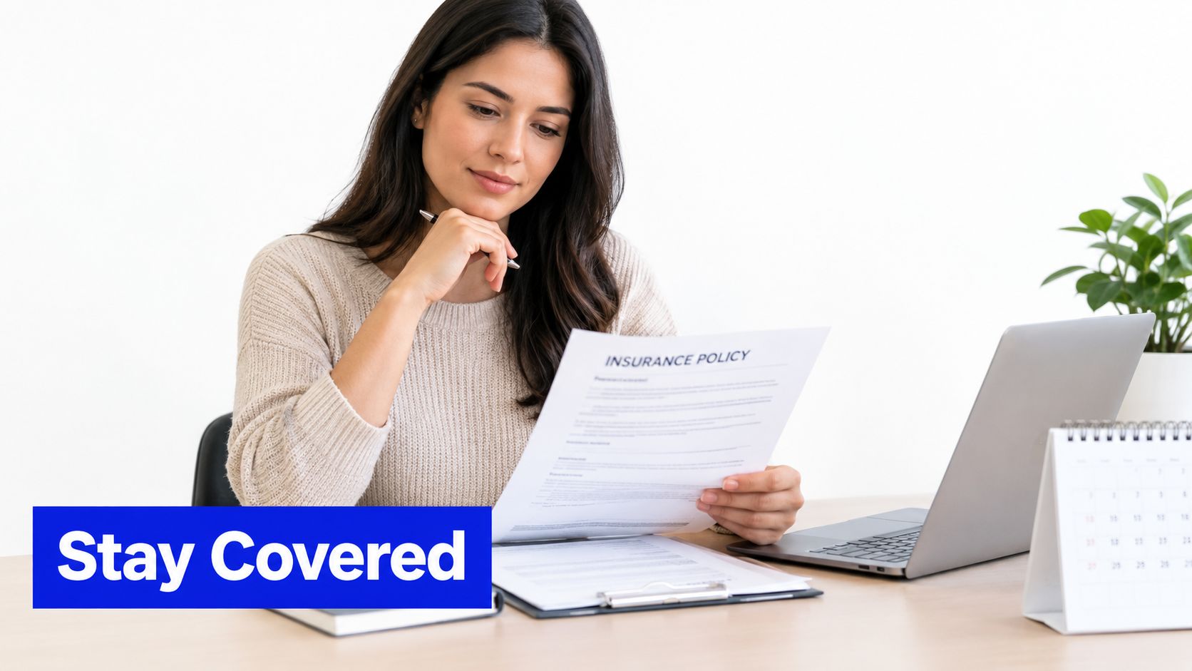 A professional woman reviews her insurance policy documents while seated at a desk with a laptop.
