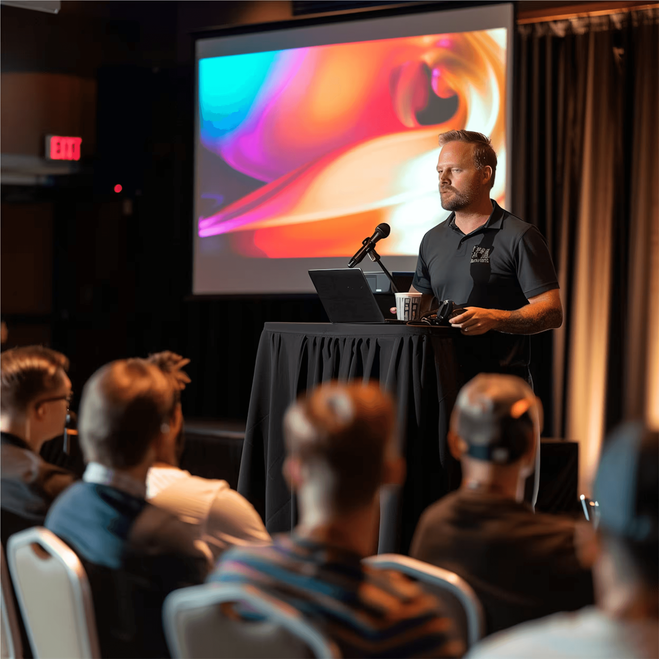 A bearded speaker in a dark polo shirt presents at a tech conference, standing at a podium with a microphone and laptop, while a vibrant, abstract digital display on a projection screen captures the audience's attention.