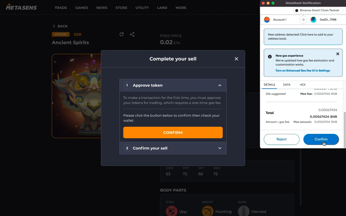 Metasens NFT sell flow showing token approval step with MetaMask wallet confirmation popup for Ancient Spirits SSR on BSC testnet
