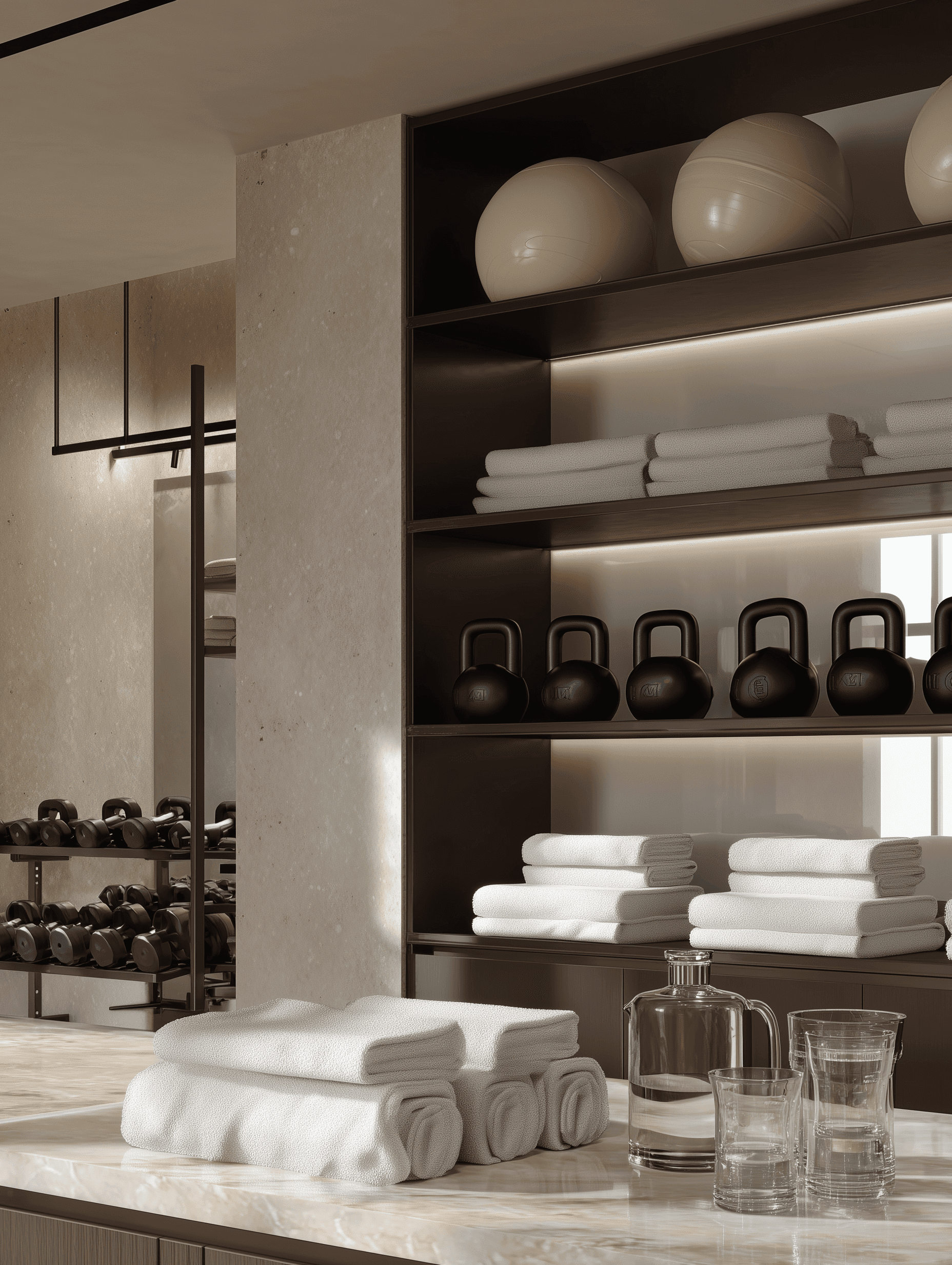 Luxury gym amenity shelf with backlit dark shelving holding matte black kettlebells, medicine balls, and folded white towels, alongside a marble counter with glass water carafes