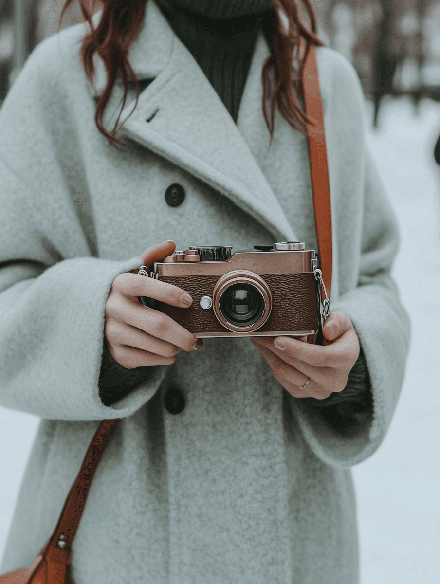 Potriat of a camera held by woman in a cozy setting