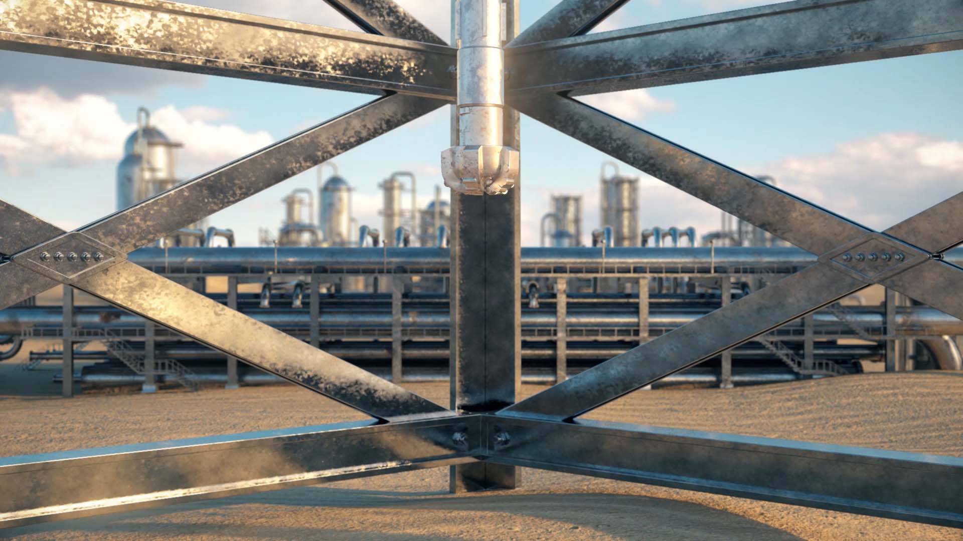 Realistic 3D model of a drilling oil well machinery, a close-up showing a detail of it