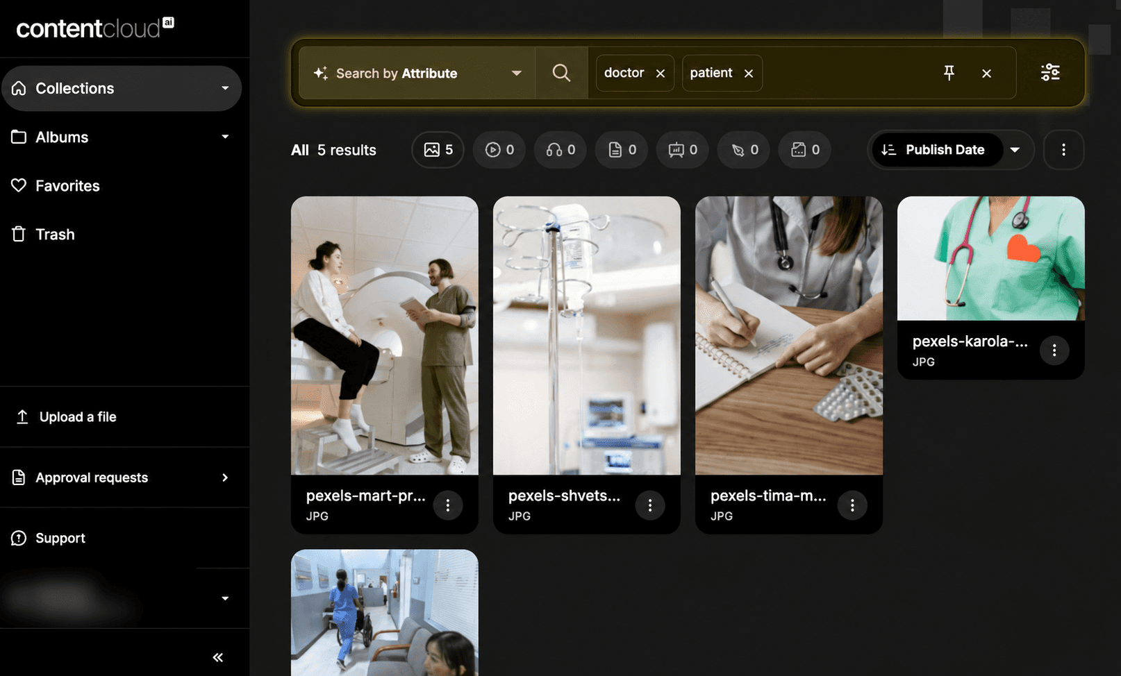 contentcloud search results page showing healthcare images for tags "doctor" and "patient," with the search bar highlighted