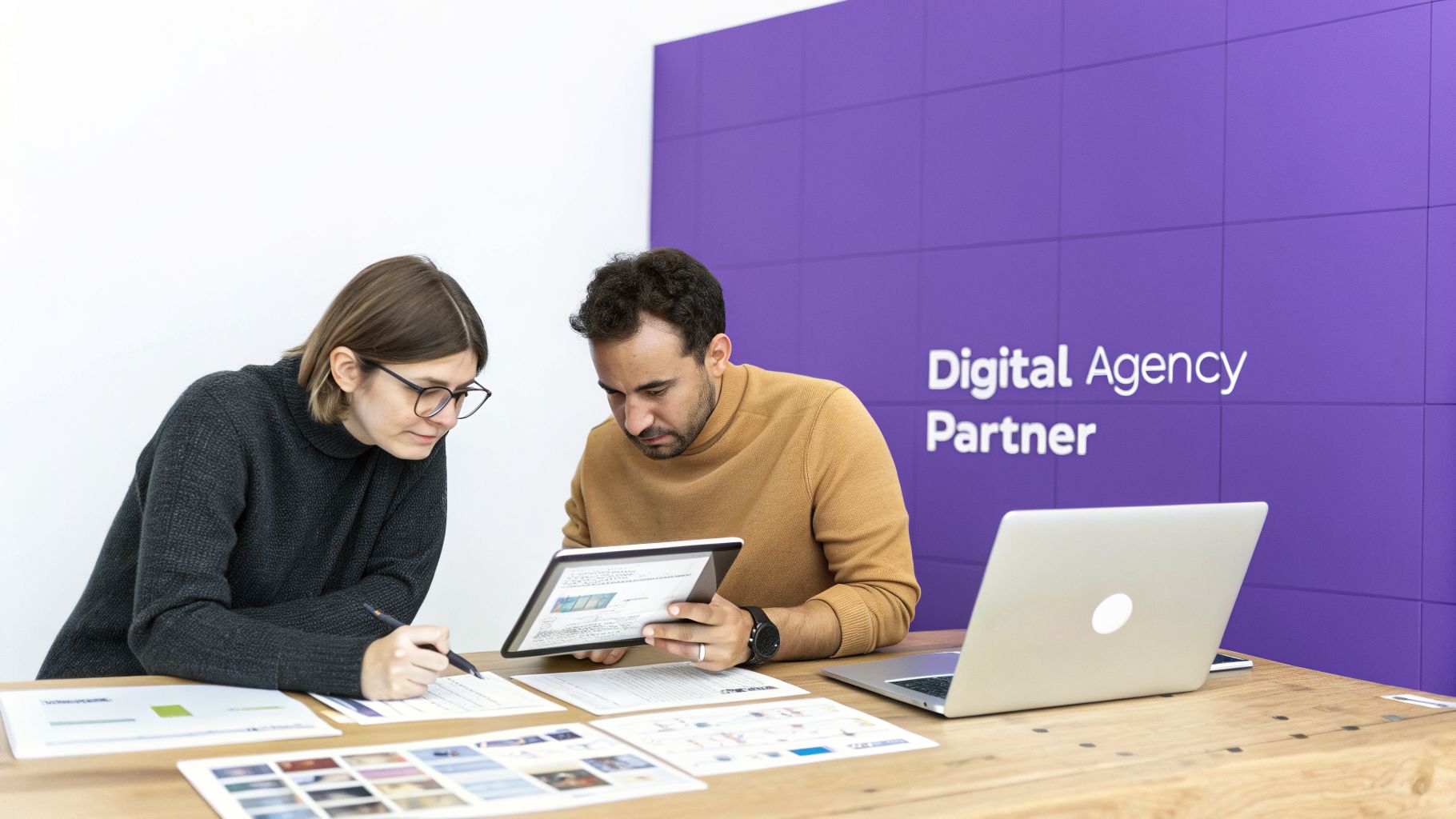 Two digital agency partners collaborate at a desk, reviewing documents and a tablet.