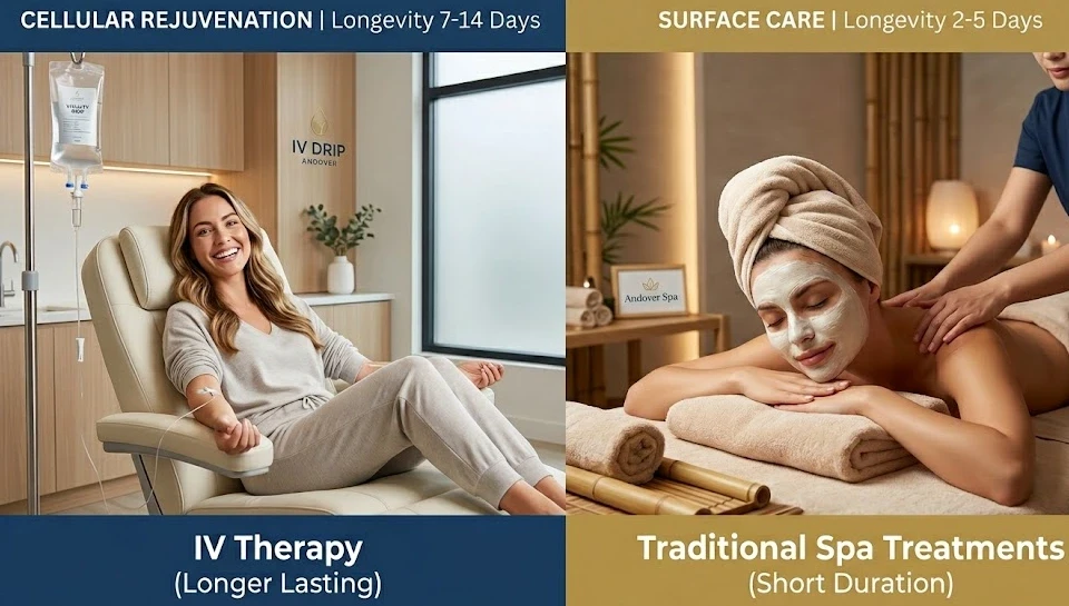 A side-by-side comparison of IV therapy benefits lasting 7-14 days versus traditional spa treatments lasting 2-5 days for Andover wellness clients.