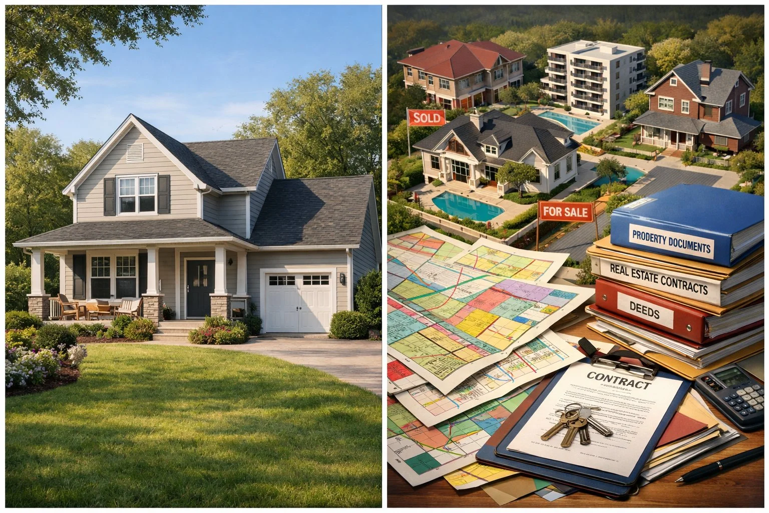 Visual comparison of a calm, orderly house and a complex estate with multiple buildings, legal folders, and overlapping property boundaries.