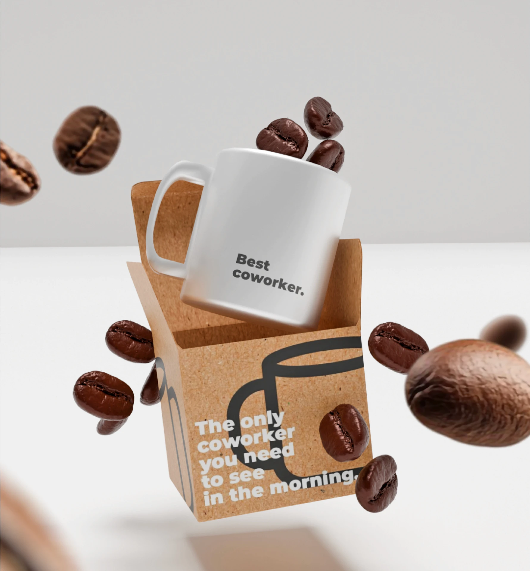 Shooting 3D mug "Best coworker" et packaging kraft en lévitation avec grains de café — mise en scène produit entièrement virtuelle, rendu photoréaliste studio, Tartelette Concept