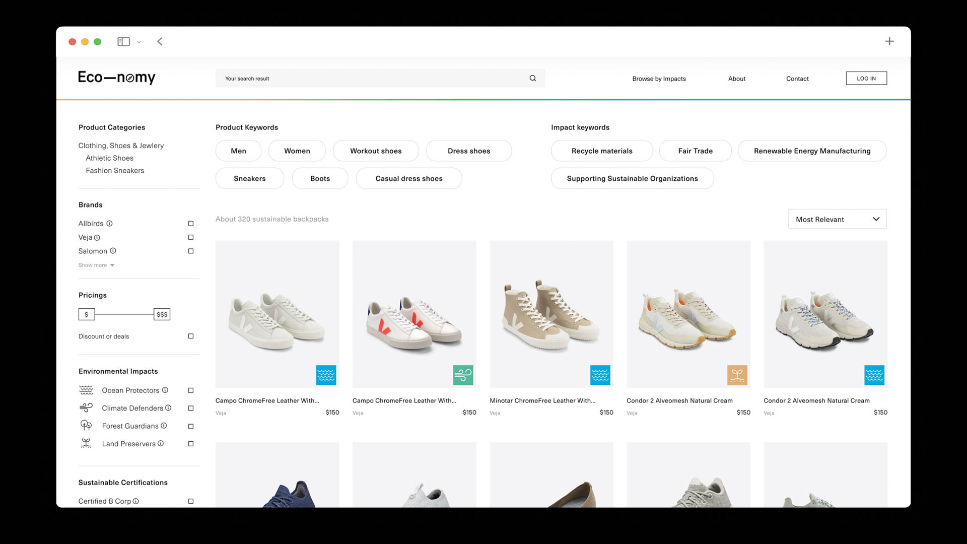 A screenshot of an Eco-nomy website displays a product page showcasing various shoes. The page includes sections for product categories, brand information, pricing, environmental impacts, and sustainable certifications. Key features visible are product categories (Clothing, Shoes, Athletic Shoes, Fashion Sneakers), product keywords (Workout shoes, Dress shoes, Casual dress shoes, Composite Leather Sneakers, Camo Sneakers, Composite Leather Sneakers, Miner Chrome Sneakers, Composite Leather Sneakers, Composite Leather Sneakers, Composite Leather Sneakers), impact keywords (Recycle materials, Fair Trade), and most relevant brands (Allbirds, Veja, Eco-nomy). Images of shoes are arranged in rows, showcasing different styles and colors.
