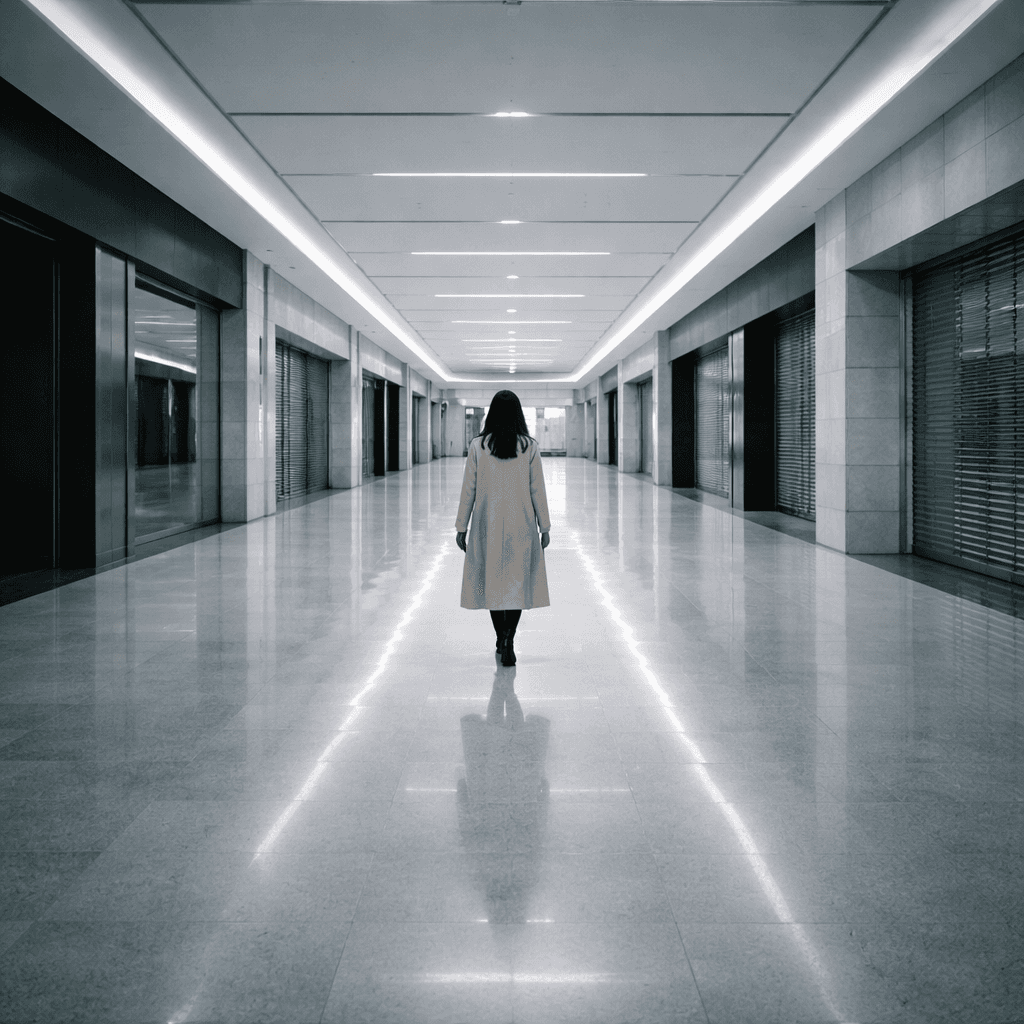 Tasarım Okan Karakoç – geniş boş alışveriş merkezi koridorunda taş rengi minimal kabanlı kadın, modern mimari ve yansıma ile minimalist fotoğraf.