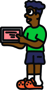 Illustration of a boy in a green tshirt holding a laptop on his hand.