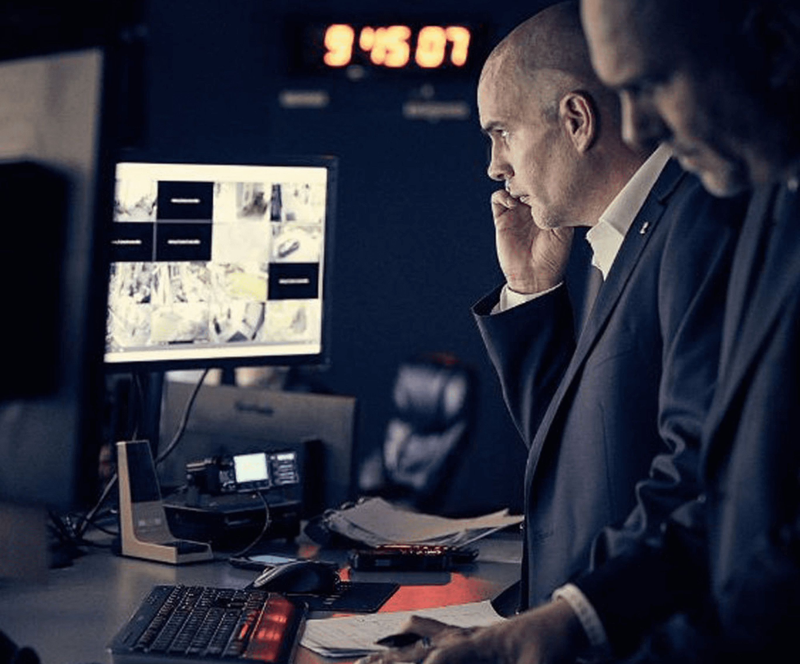 Deux agents de sécurité dans une salle de surveillance CCTV au sein d’un centre de contrôle.