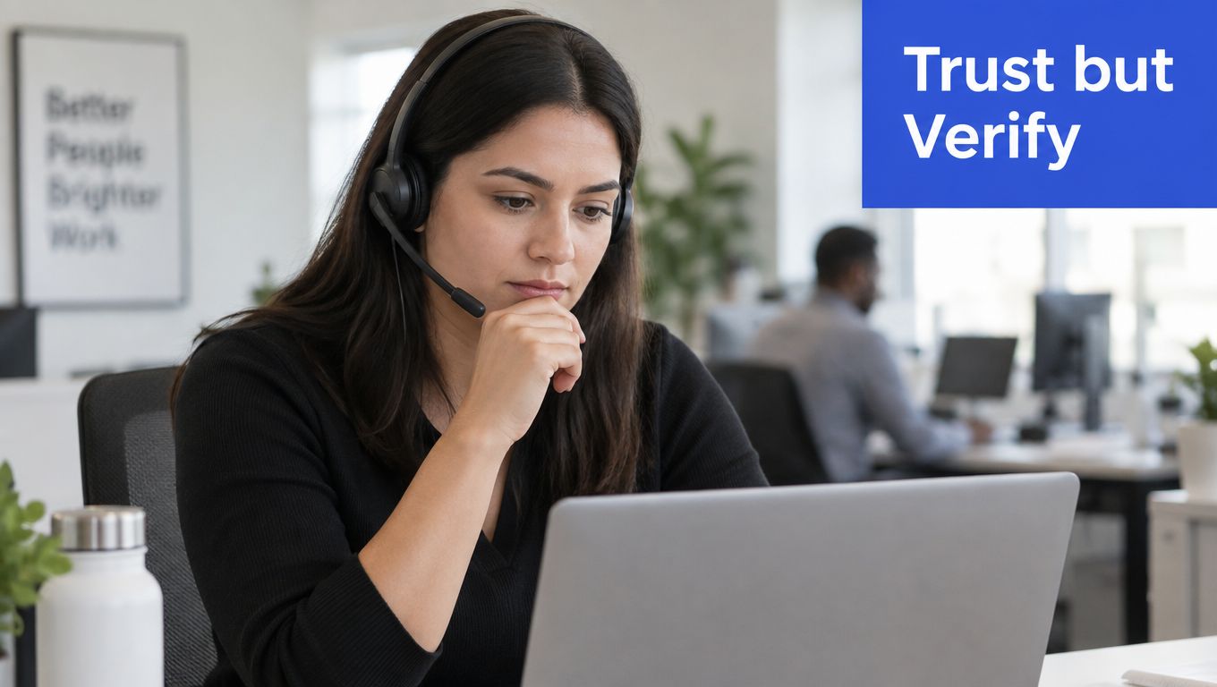 A professional customer service agent wearing a headset while focused on her work at a laptop