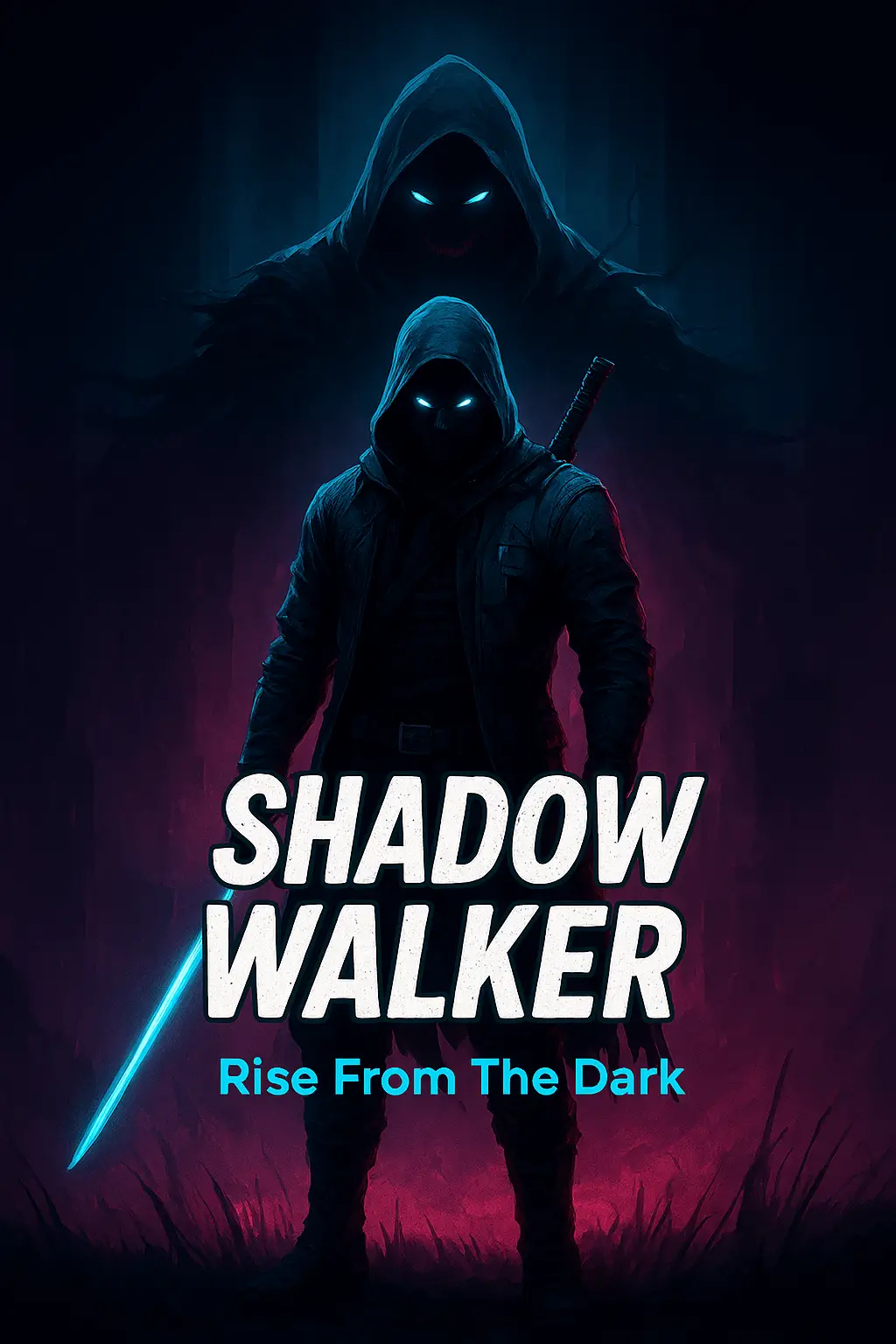 AI-generated "Shadow Walker - Rise From The Dark" manhua gaming character poster featuring hooded figure with glowing blue eyes, dual swords, blue and purple neon effects on dark mystical background by Mahendra
