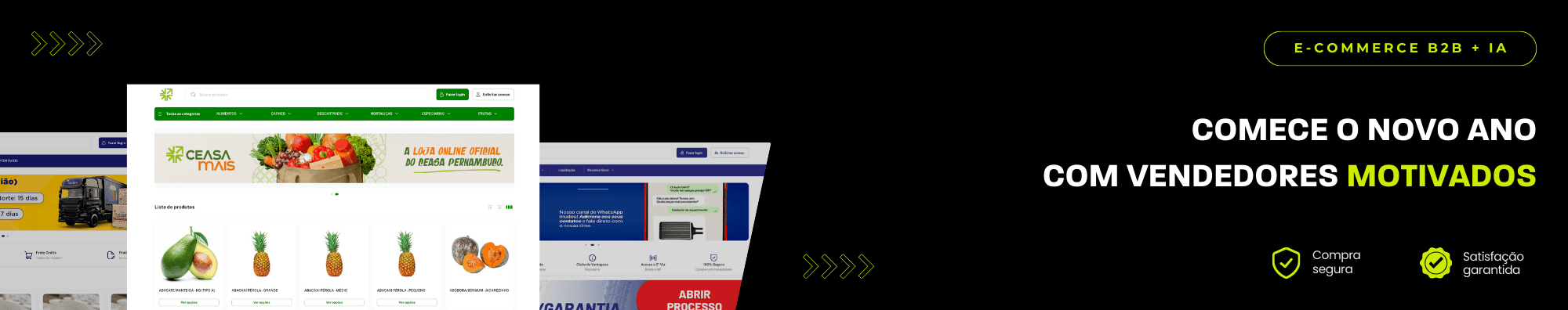 Banner horizontal com fundo escuro, ícones de segurança e satisfação, e imagens de lojas B2B exibidas à esquerda. Elementos gráficos em verde destacam o tema de e-commerce B2B com IA.