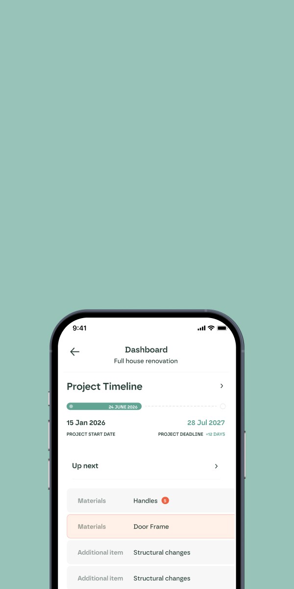 picture of the phone with the rafter app interface on it, showing the timeline of the project and the dashboard of the project. Phone is on the light green background