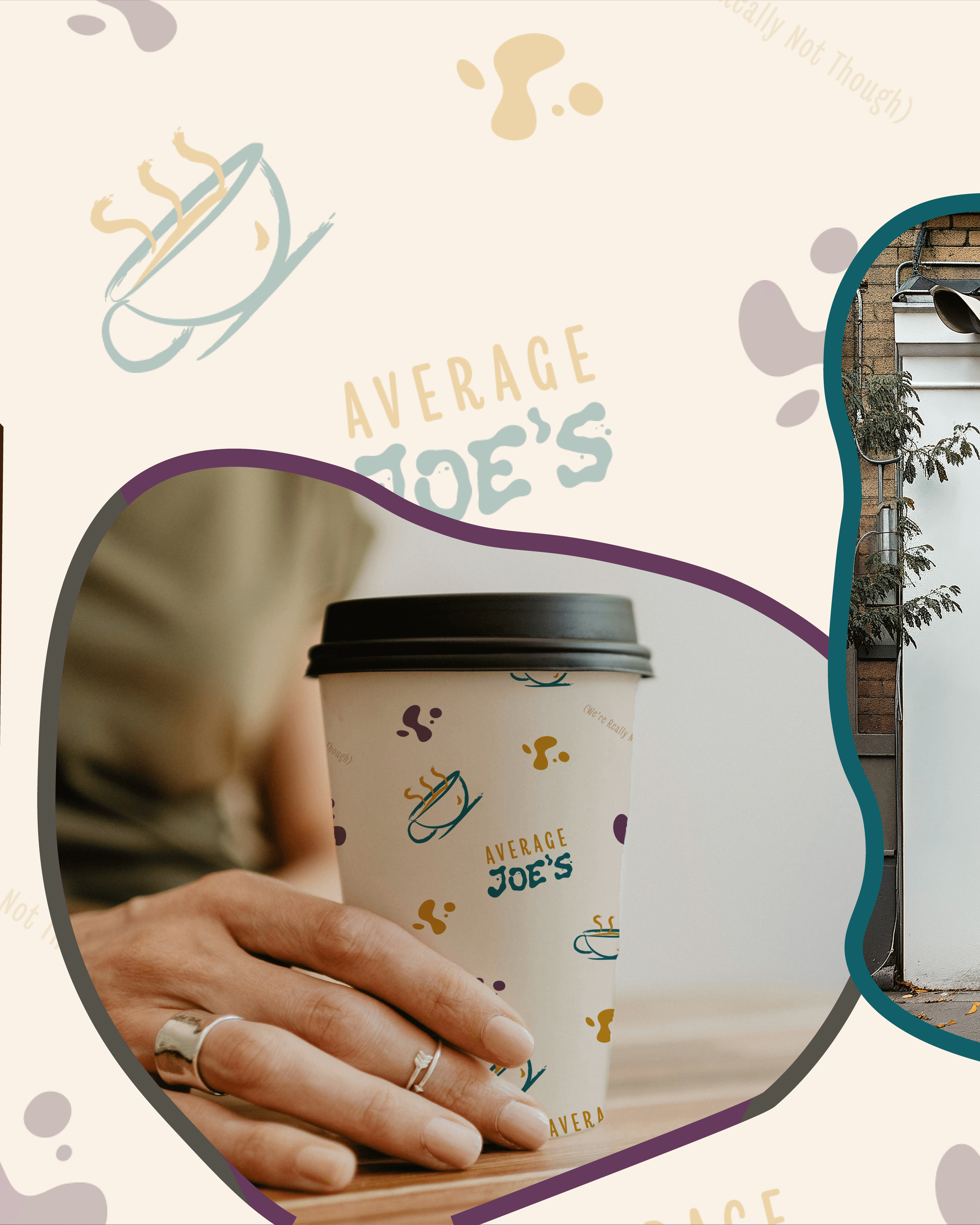 Brand pattern mockup with repeating cup illustrations and organic shapes in brand colors, featuring a woman holding a branded to-go cup.