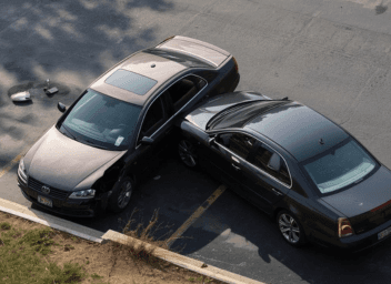 Realistische Szene eines falsch geparkten Autos, das eine Durchfahrt blockiert, andere Fahrzeuge müssen rangieren, Parkplatz mit Grünstreifen und Bordstein sichtbar, natürliche Beleuchtung, cineastische Perspektive, hohe Detailtiefe, kein Text