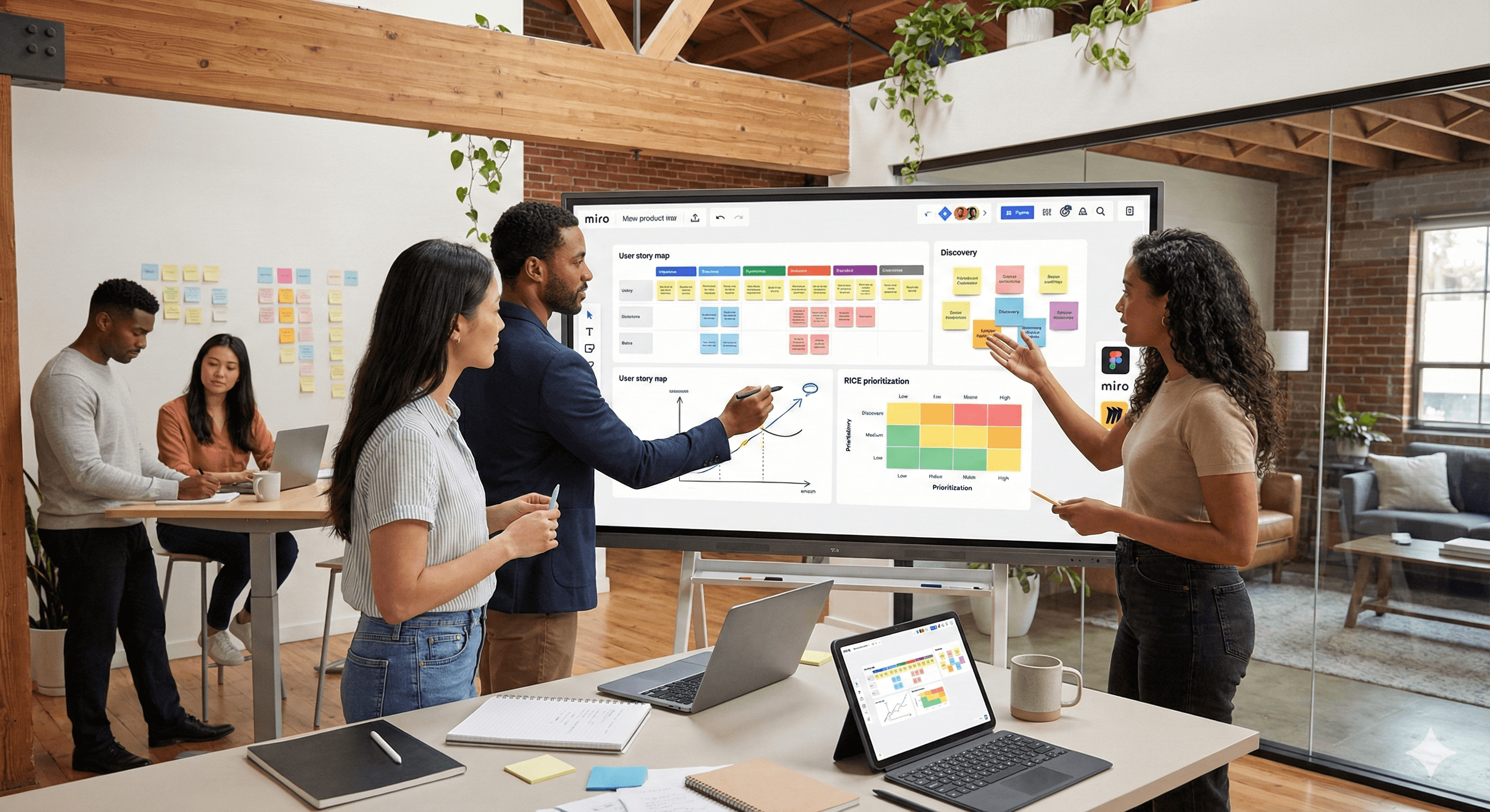 A group of professionals engages in a collaborative brainstorming session using Miro product discovery on a large digital whiteboard in a modern office, surrounded by sticky notes and laptops for an interactive team experience.