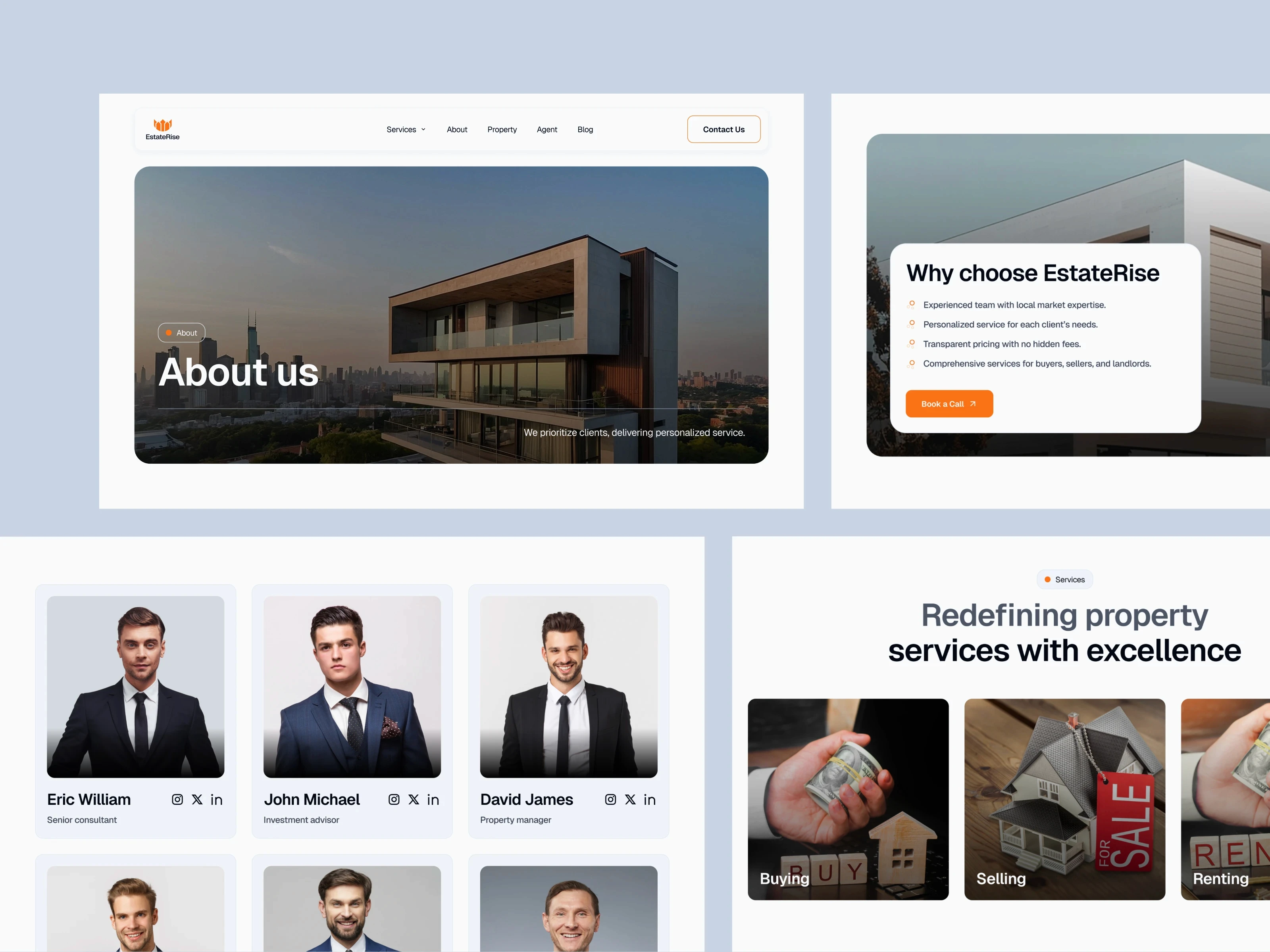 EstateRise real estate website template featuring modern architecture, team grid, and services.