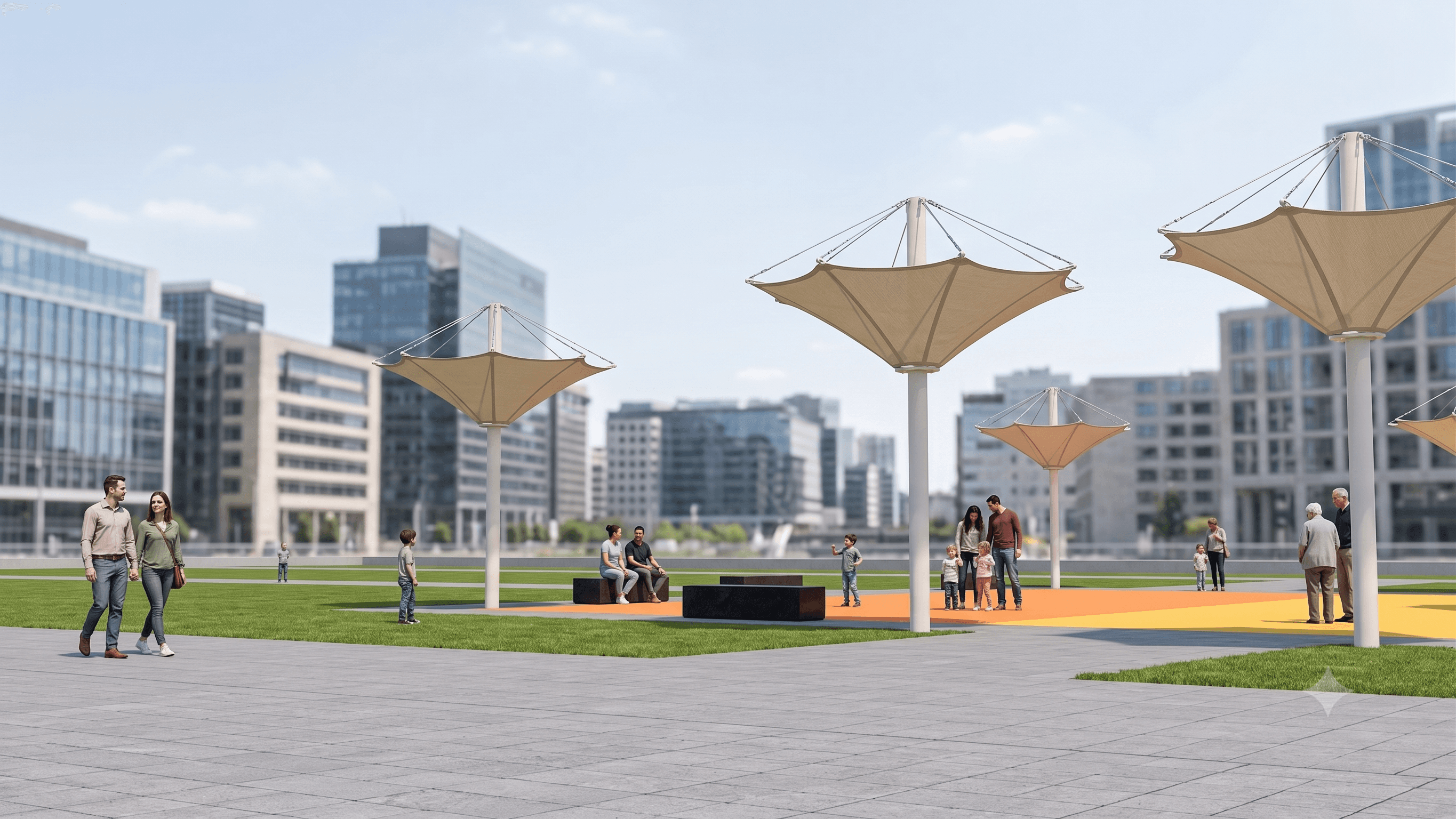Urban plaza with several large umbrella-like sunshades and people surrounded by modern office buildings.