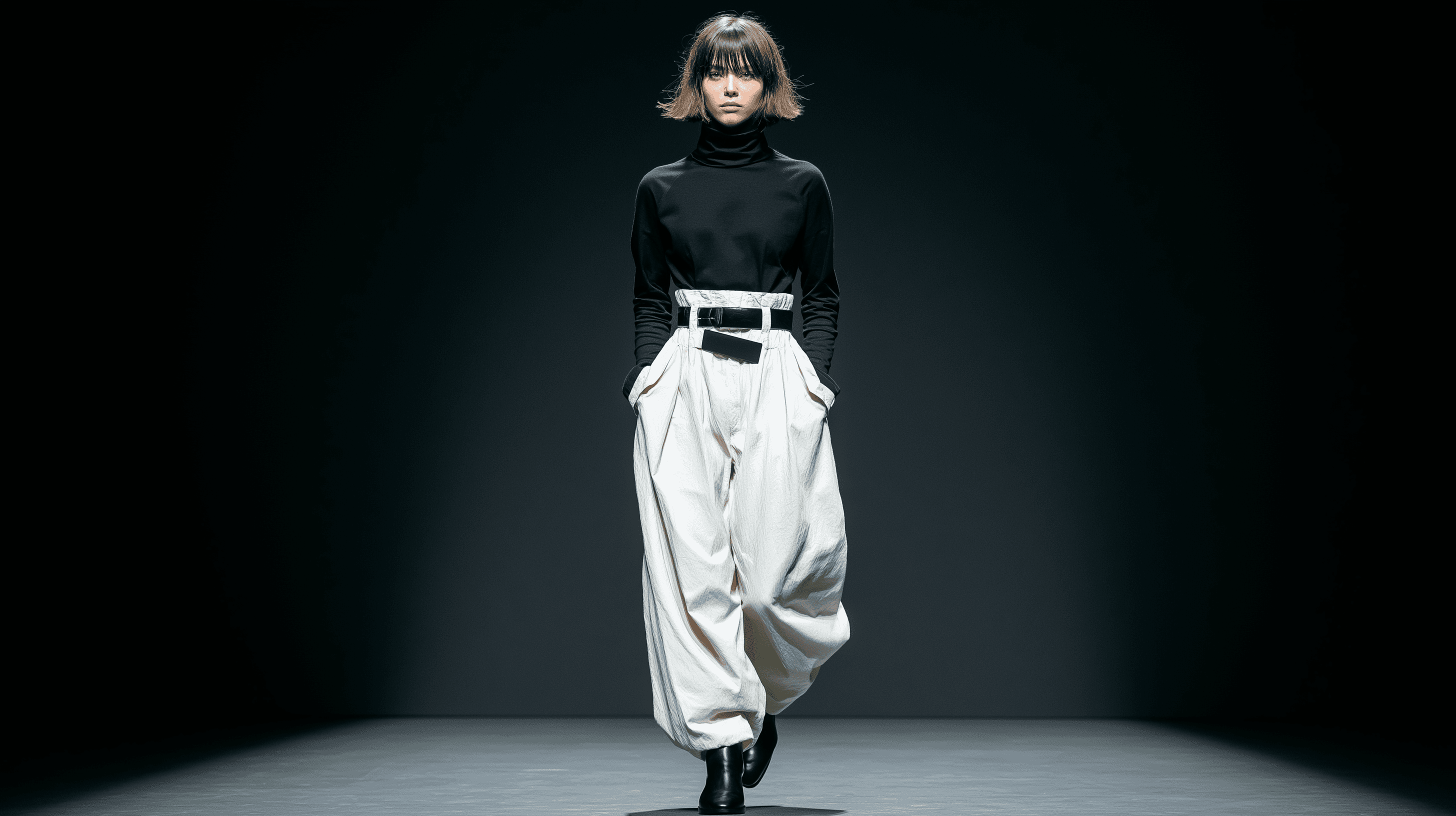 A Model Wearing Ivory-Colored Wide-Leg Pants With a Matching Top.