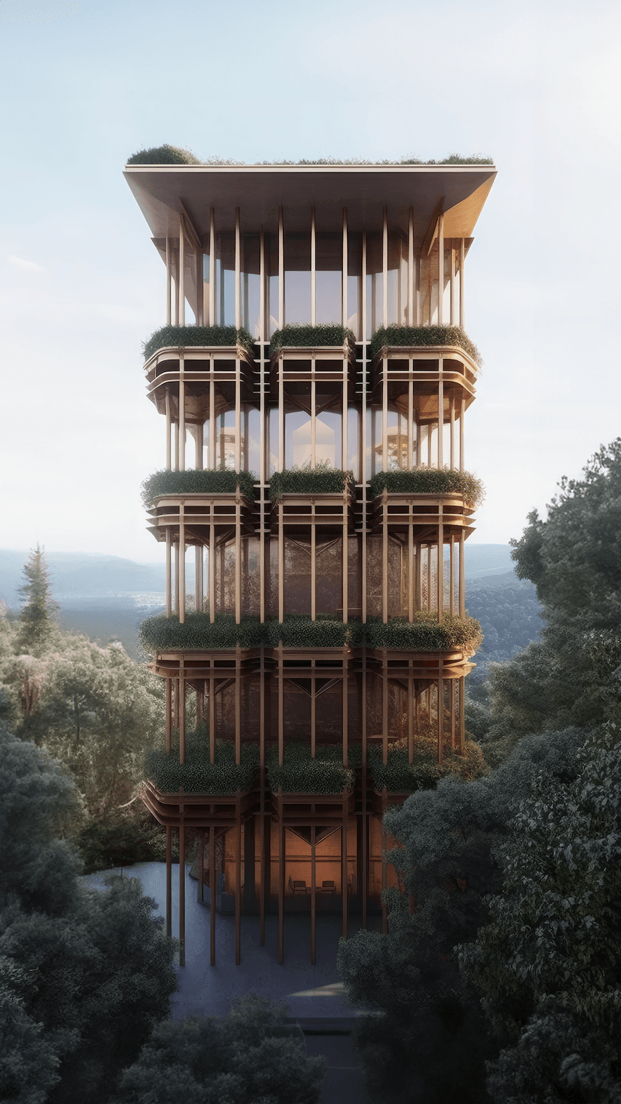 Brass modular tower with abundant green terraces on each floor, blending modern architecture with natural elements, nestled in a forested area - Will Garner x Midjourney