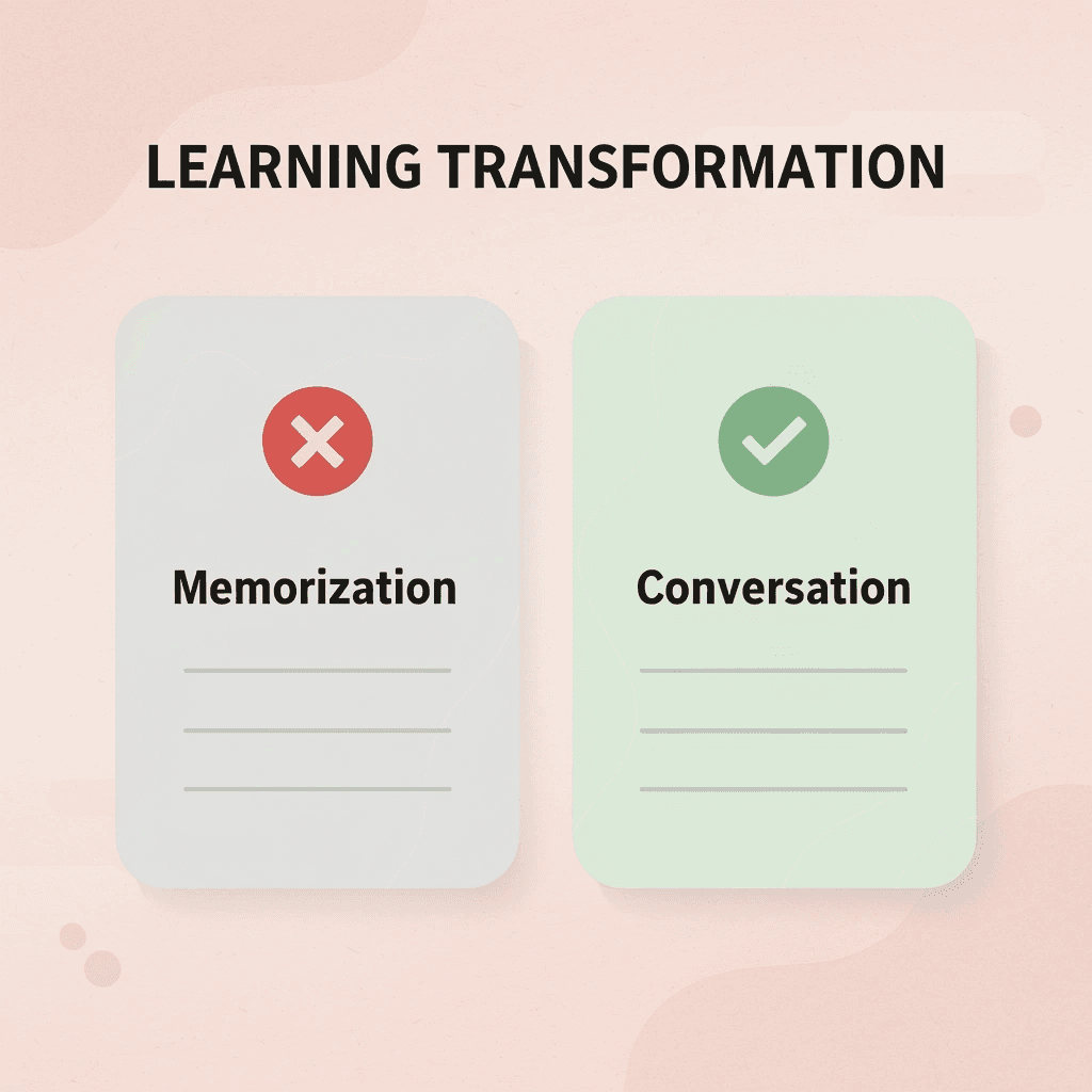 Before and after comparison showing transformation from memorization to conversation-based learning