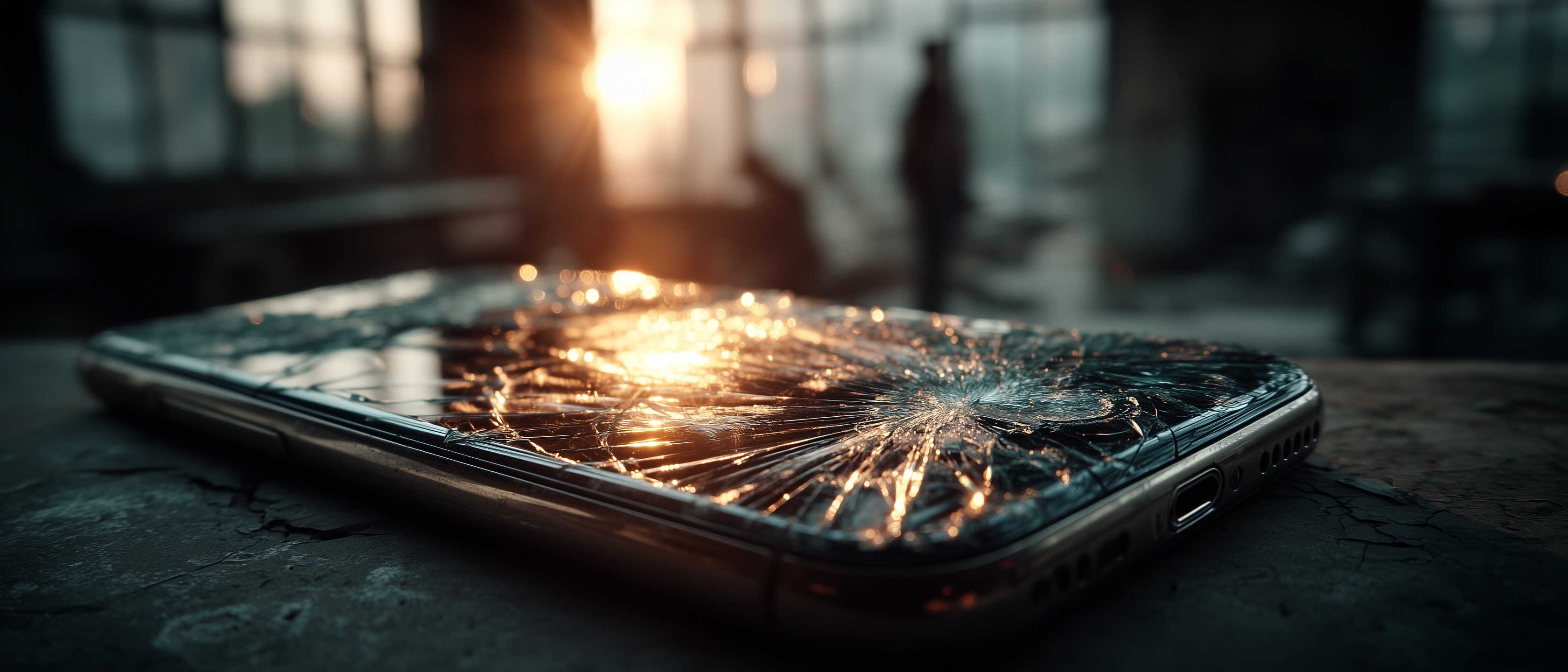 Shattered smartphone screen on a dark surface