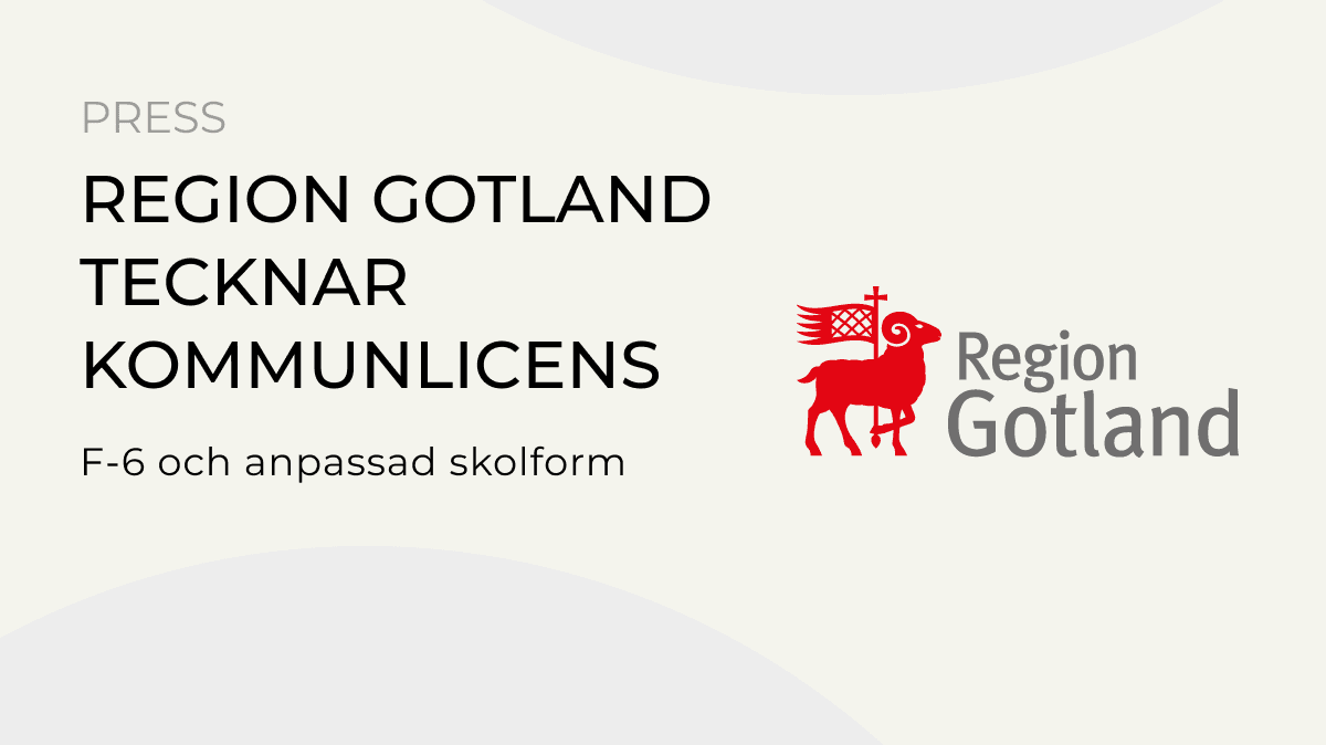 Pressbild med texten Region Gotland tecknar kommunlicens, F-6 och anpassad skolform, samt Region Gotlands logotyp