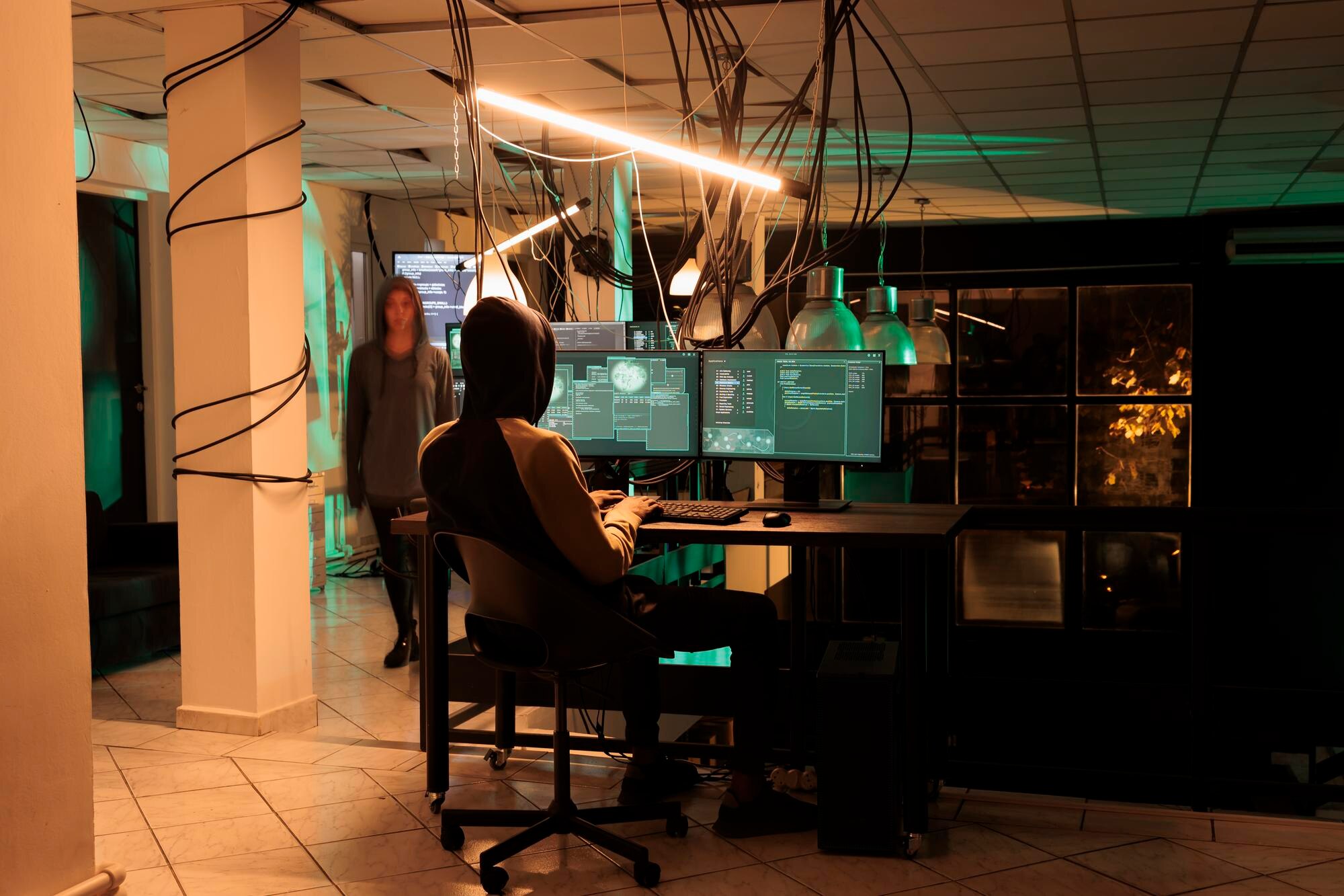 A hooded figure sits by a desk in a server room while another walks towards him 