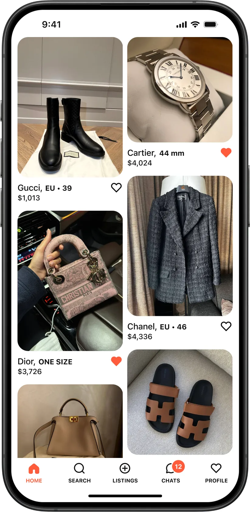 Main feed of the Tuff Stuff mobile marketplace, showing a masonry grid of luxury and vintage items with product photos, brand names, sizes, prices, and wishlist actions.