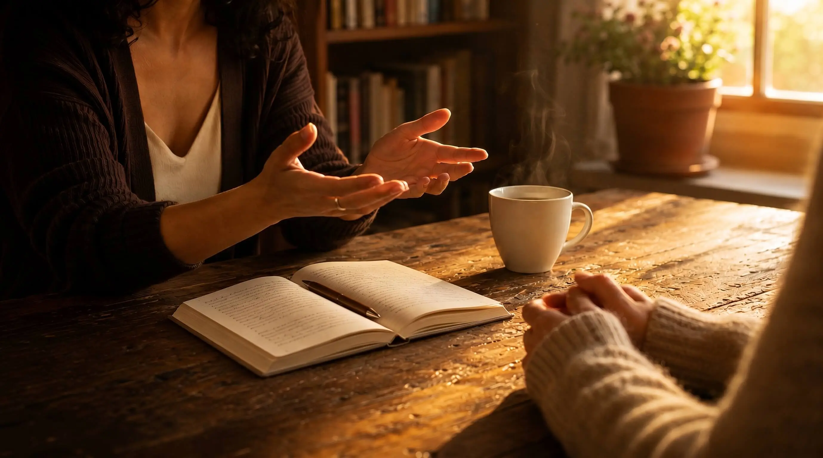 A therapy session across a wooden table with an open notebook, steaming mug and warm afternoon light