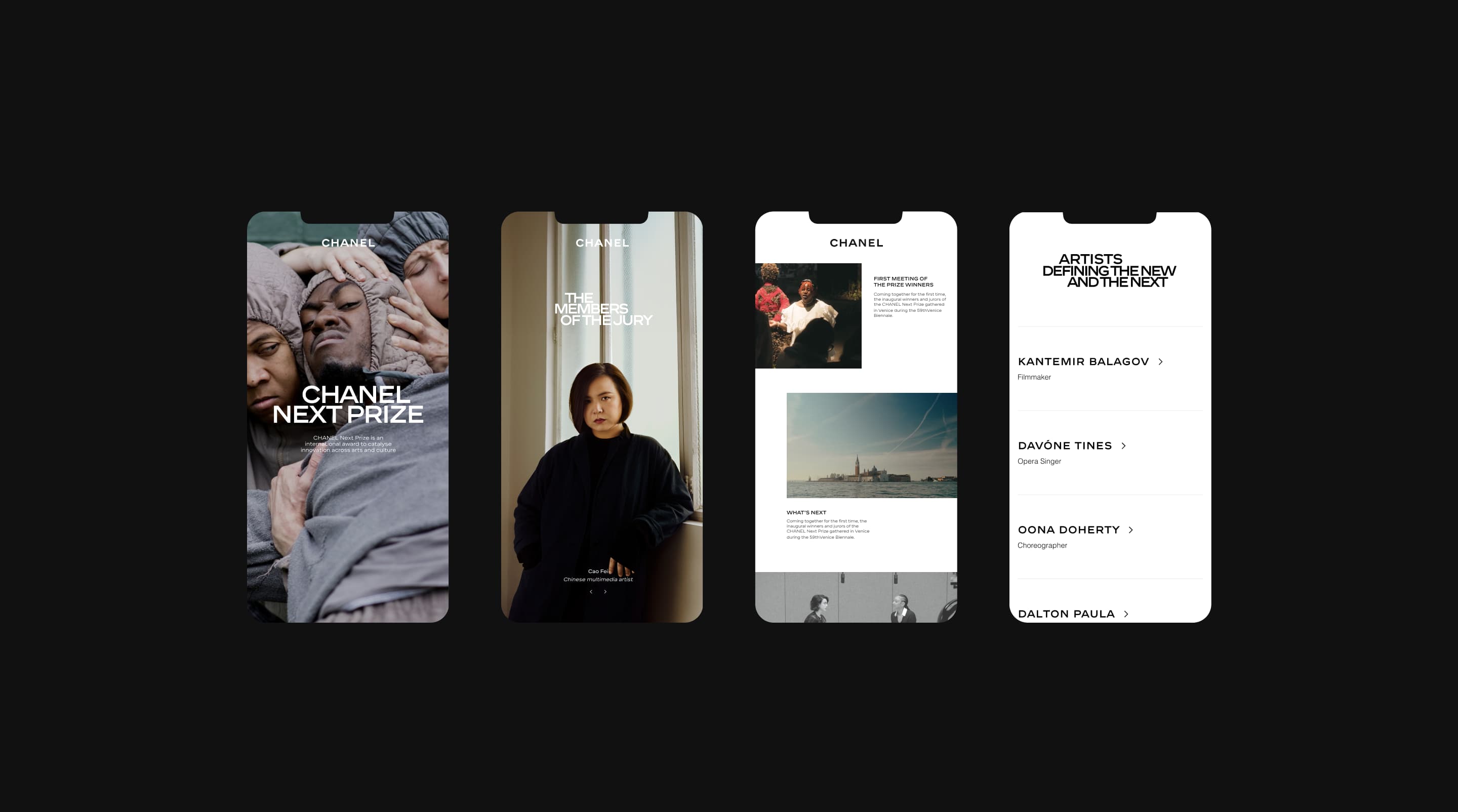 Mobile screens from the CHANEL Next Prize homepage