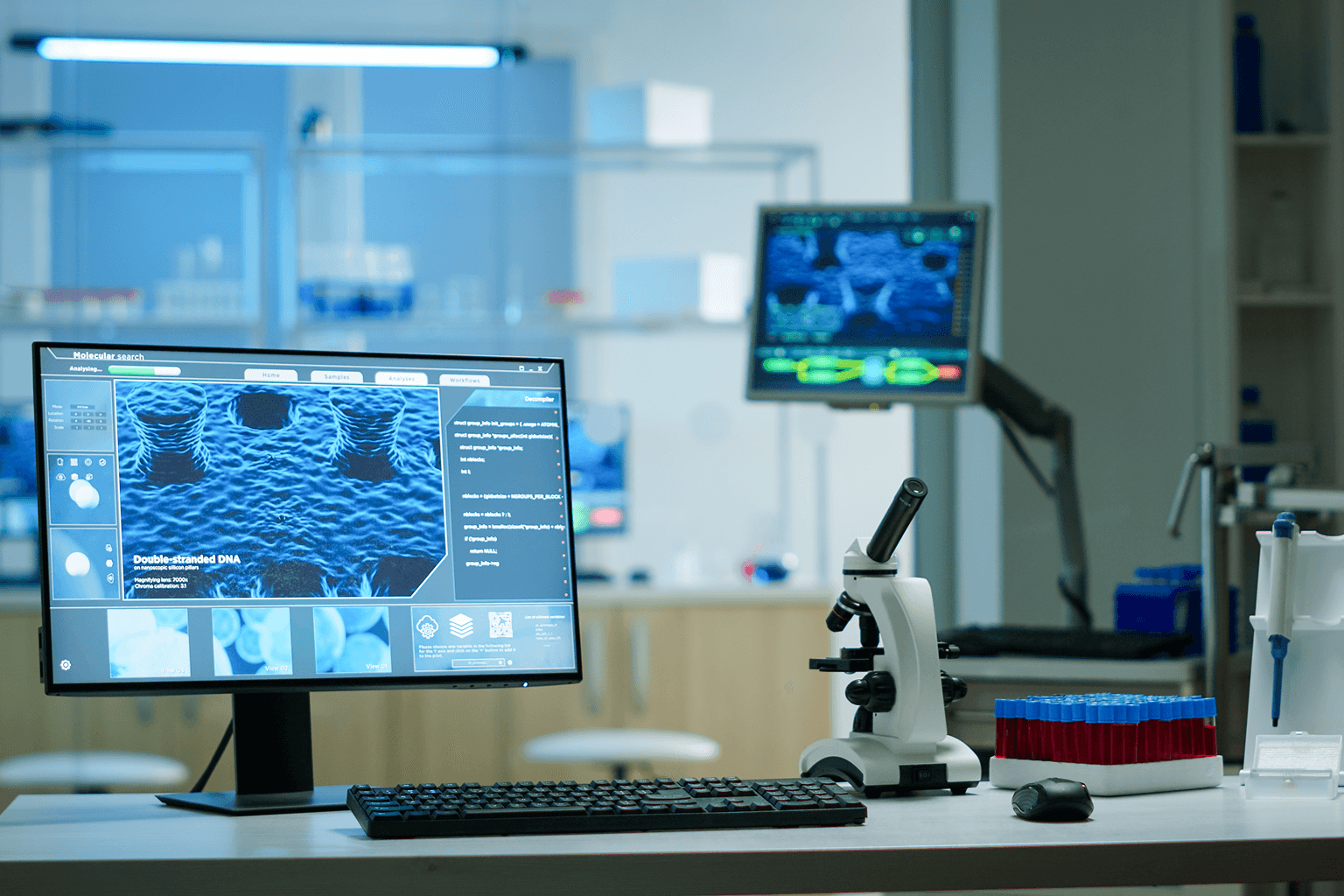 A laboratory setup with computer screens and microscope displaying molecular data, representing the 5 phases of medical device software development and the process to build safe, compliant software.